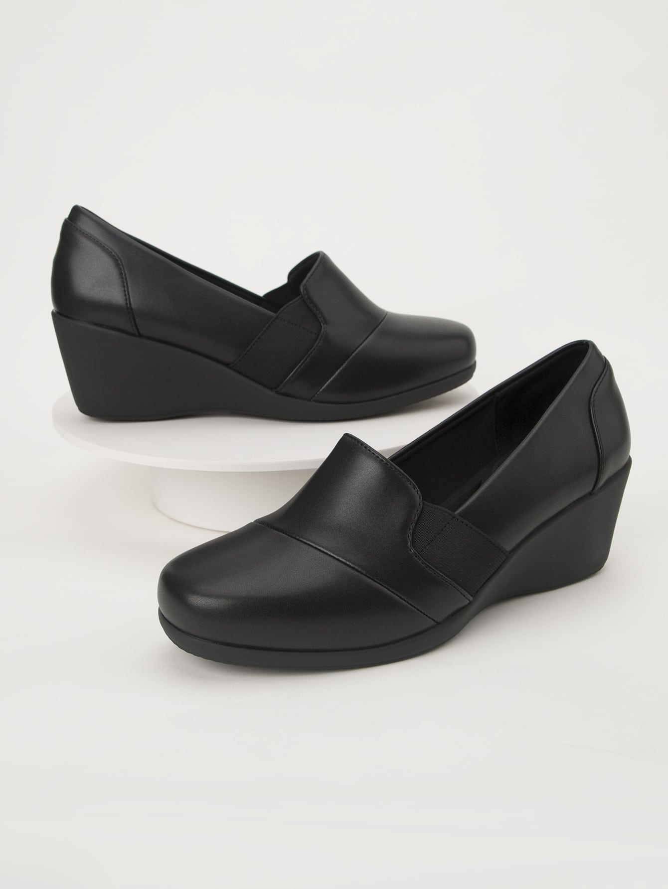 Elastic Band Decor Slip On Wedges, Black Fashionable Solid Color Women's Wedge Heel Shoes