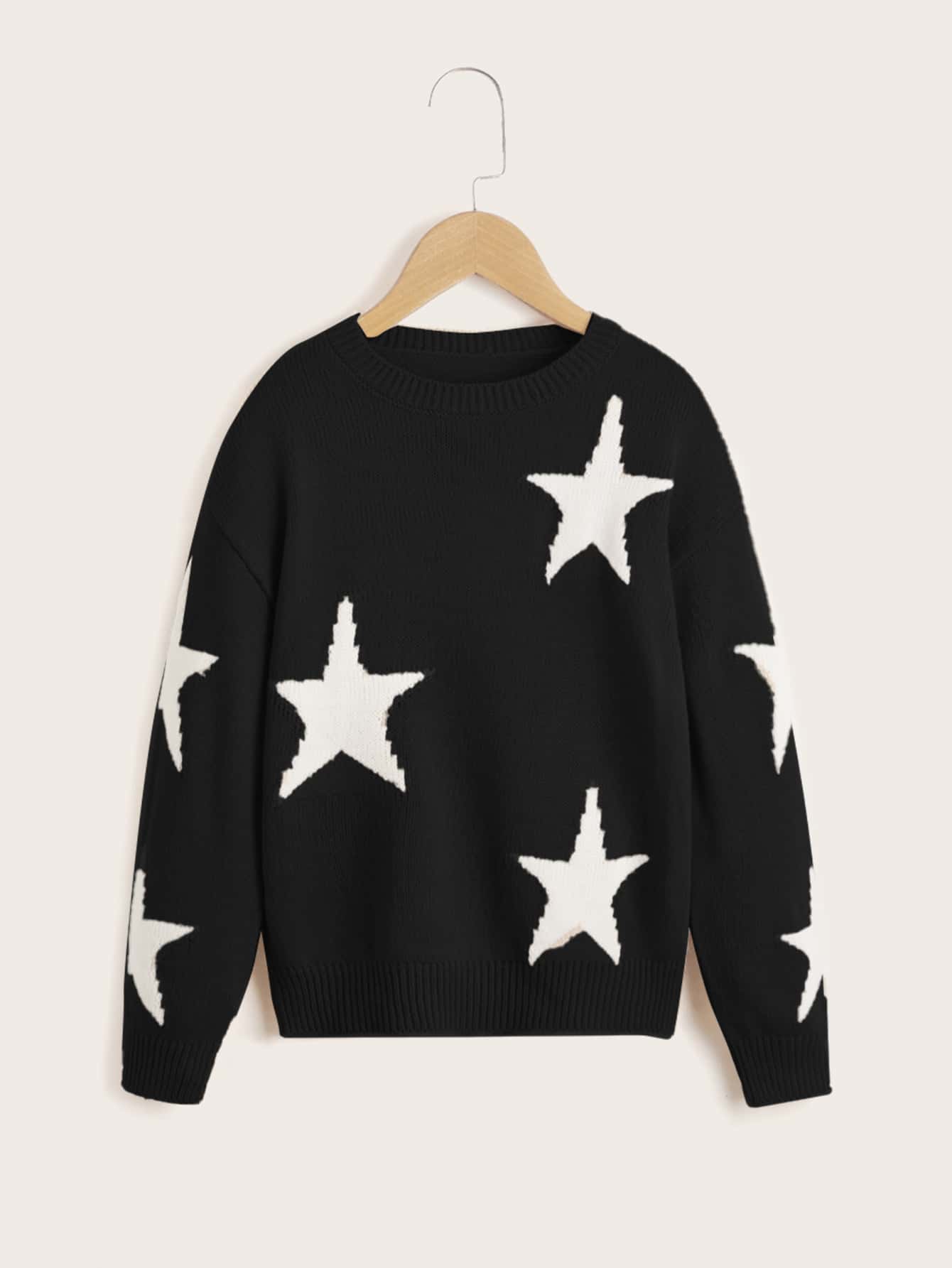 Tween Girl Star Pattern Drop Shoulder Sweater