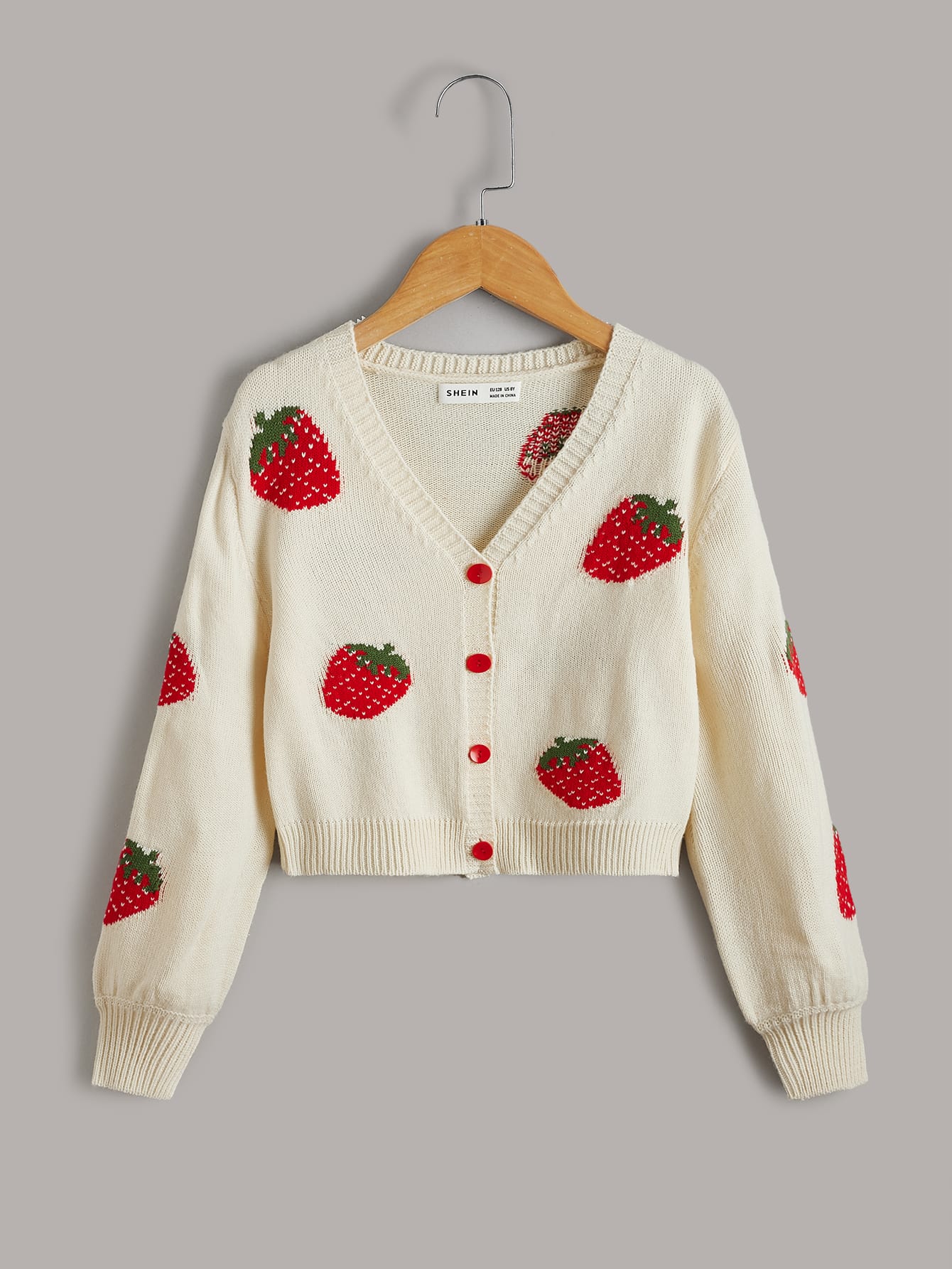 Tween Girl Strawberry Pattern Drop Shoulder Cardigan