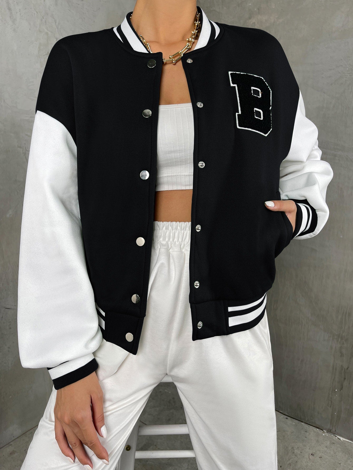 Letter Patched Striped Trim Drop Shoulder Varsity Jacket