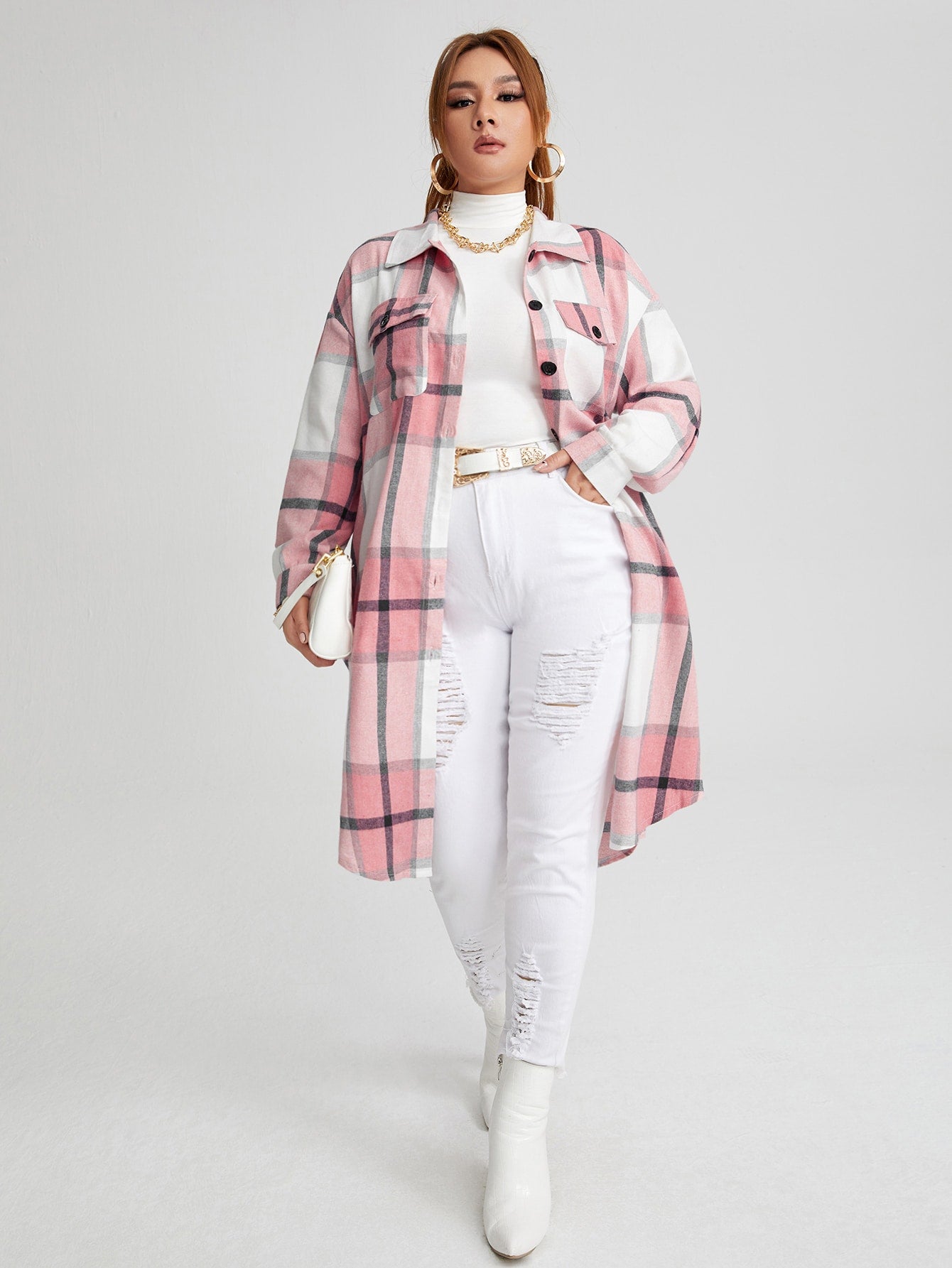 Plus Plaid Flap Pocket Midi Coat