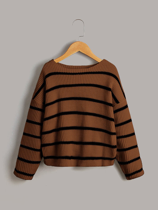 Girls Striped Pattern Drop Shoulder Sweater