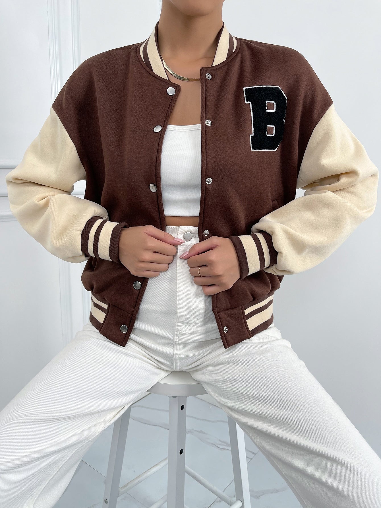 Letter Patched Striped Trim Drop Shoulder Varsity Jacket