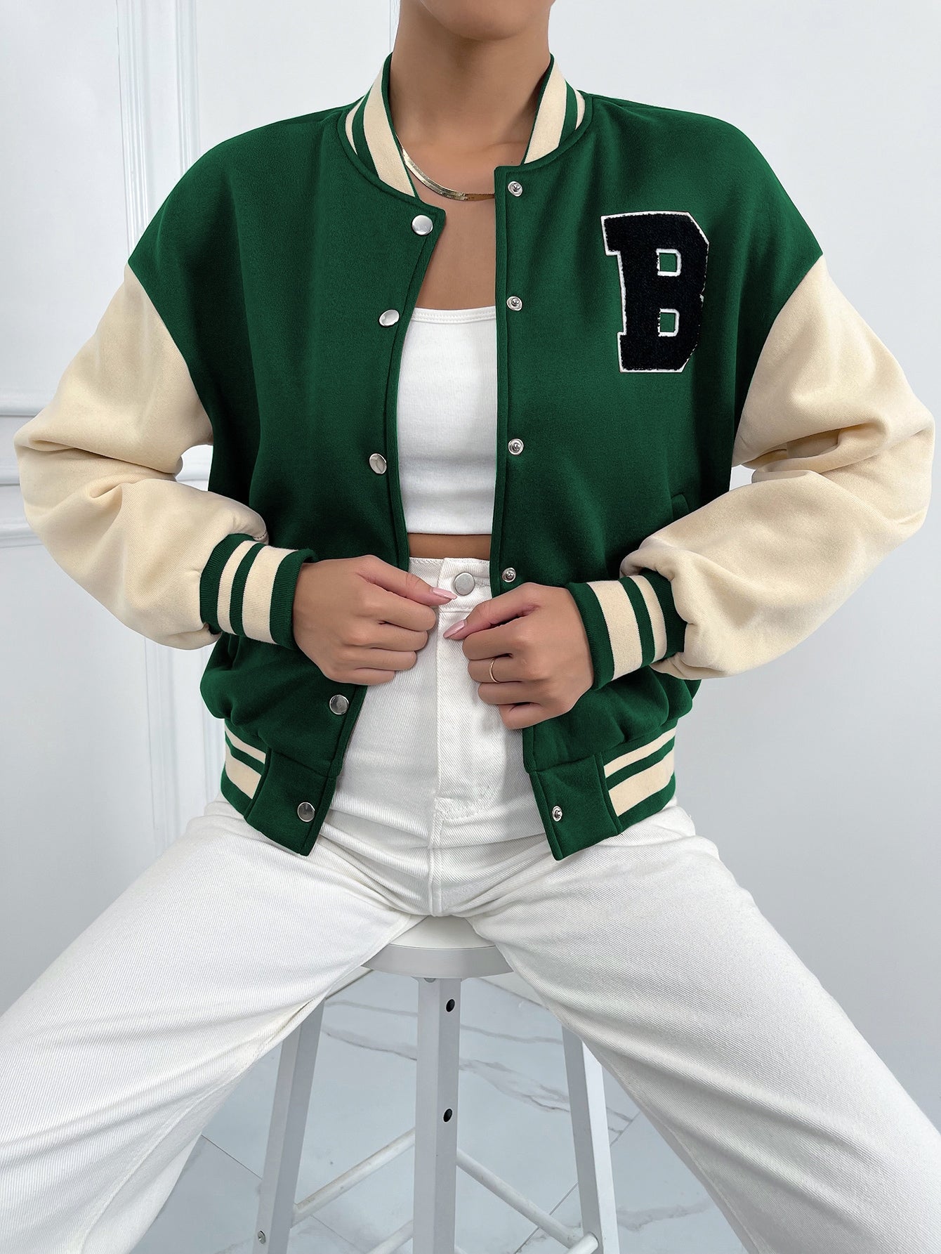 Letter Patched Striped Trim Drop Shoulder Varsity Jacket