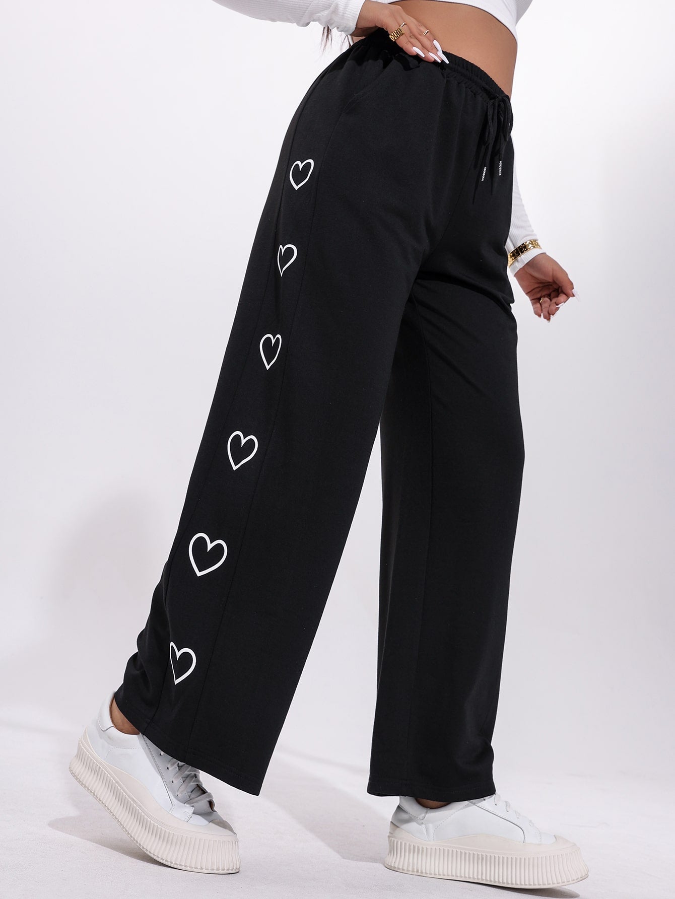 Qutie Plus Heart Print Drawstring Waist Sweatpants