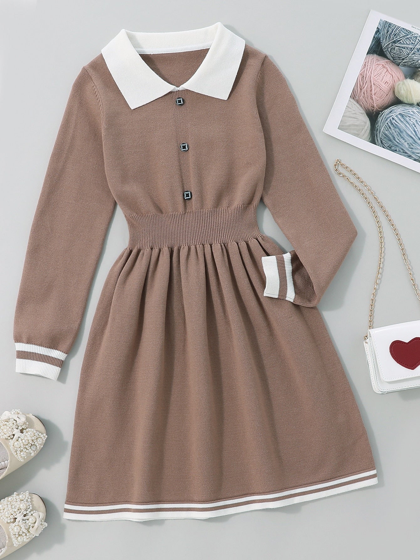 Tween Girl Single Breasted Contrast Trim Sweater Dress