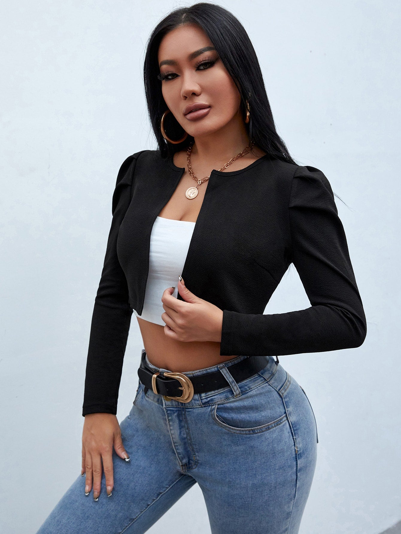 PETITE Solid Color Puff Sleeve Cropped Jacket