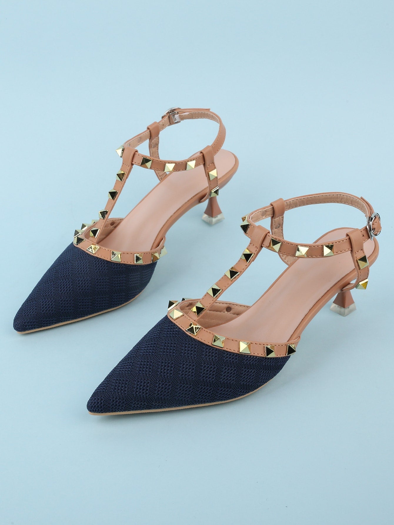 Women Studded Decor Point Toe Pyramid Heeled Slingback Pumps, Fashion Outdoor Pumps