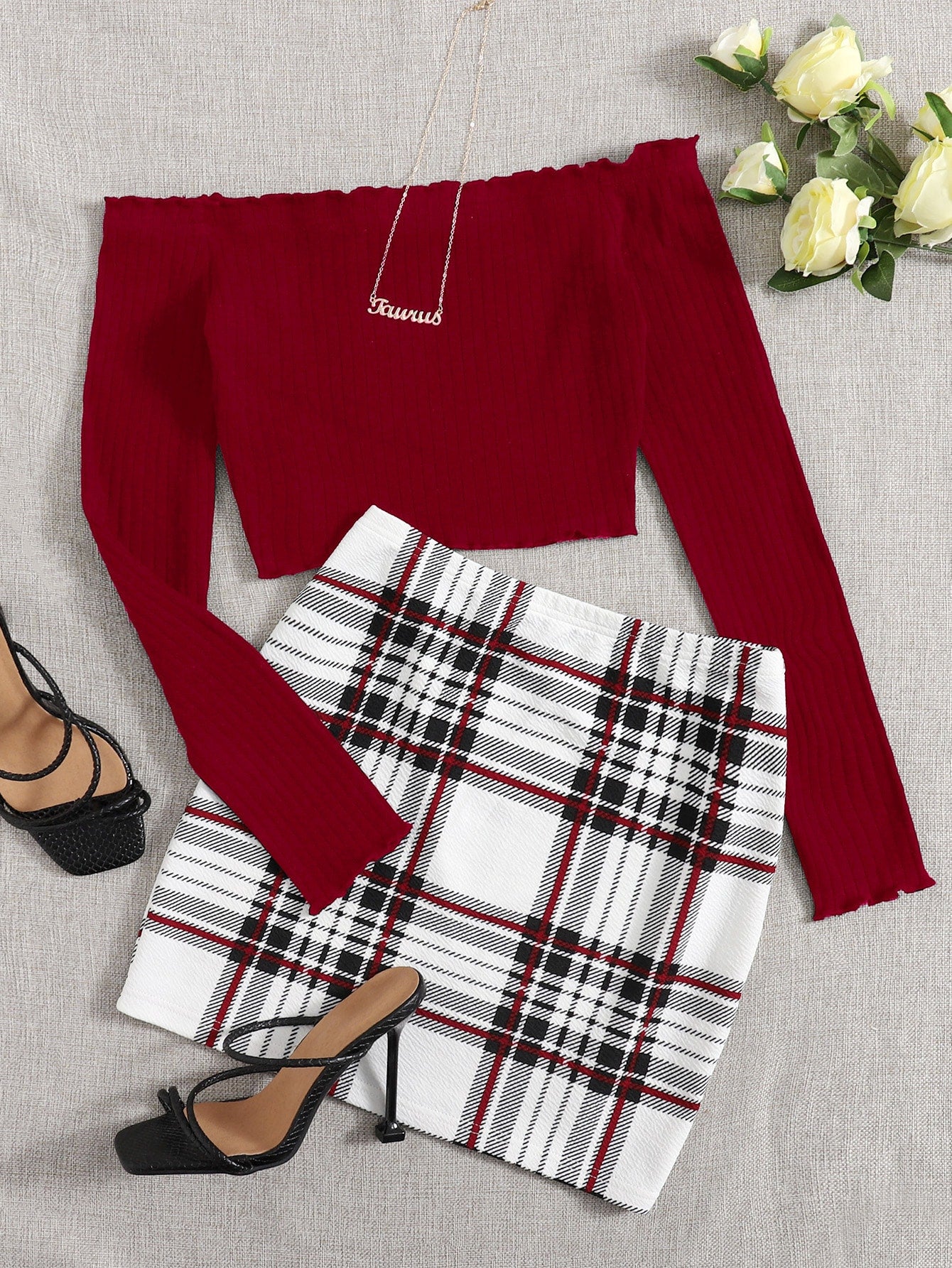 Off Shoulder Lettuce Edge Tee And Tartan Two Piece Skirt Set