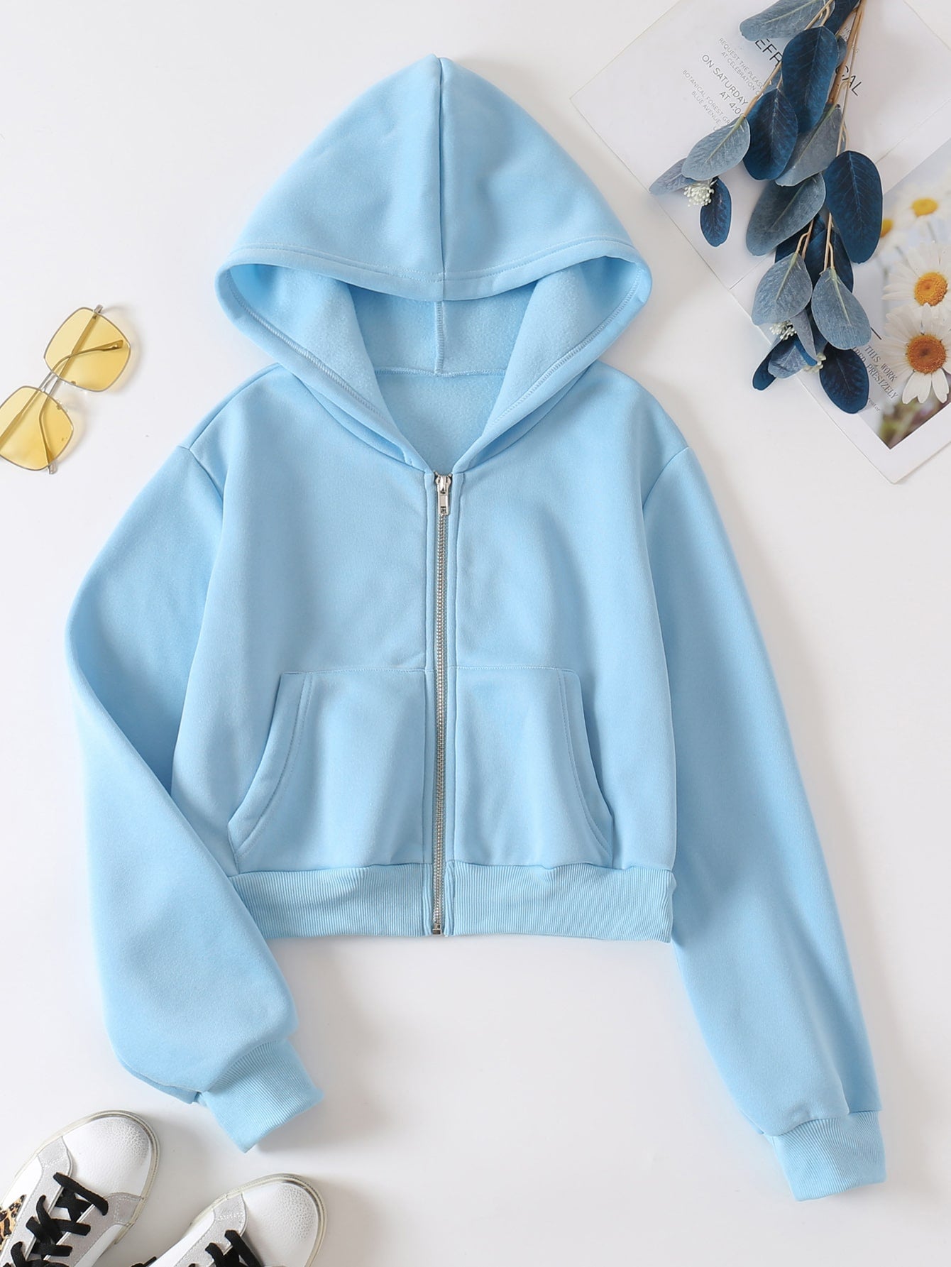 Solid Zip Up Drop Shoulder Thermal Lined Crop Hoodie