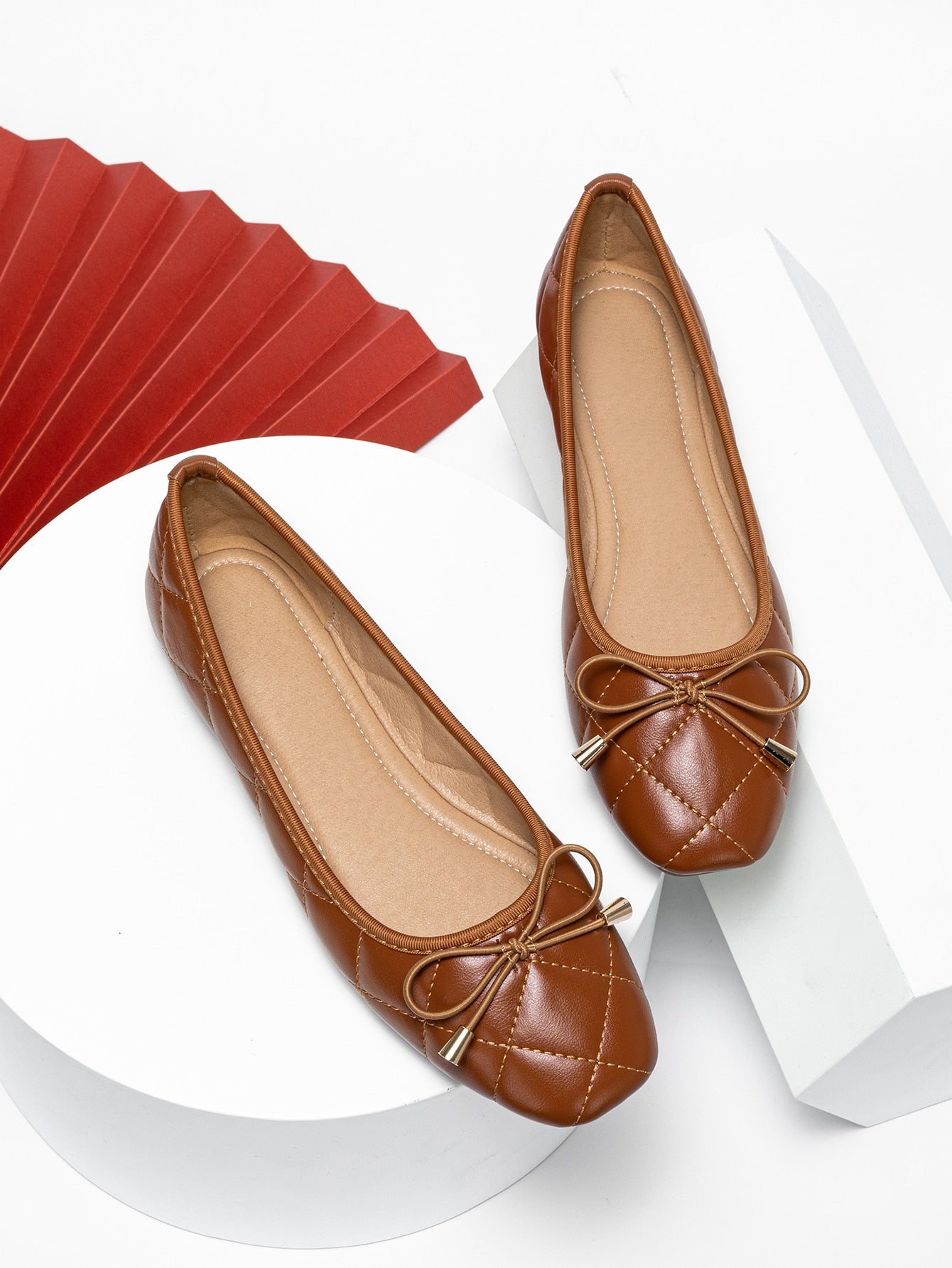 Women Bow Decor Quilted Pattern Square Toe Ballet Flats, Elegant Summer Flats