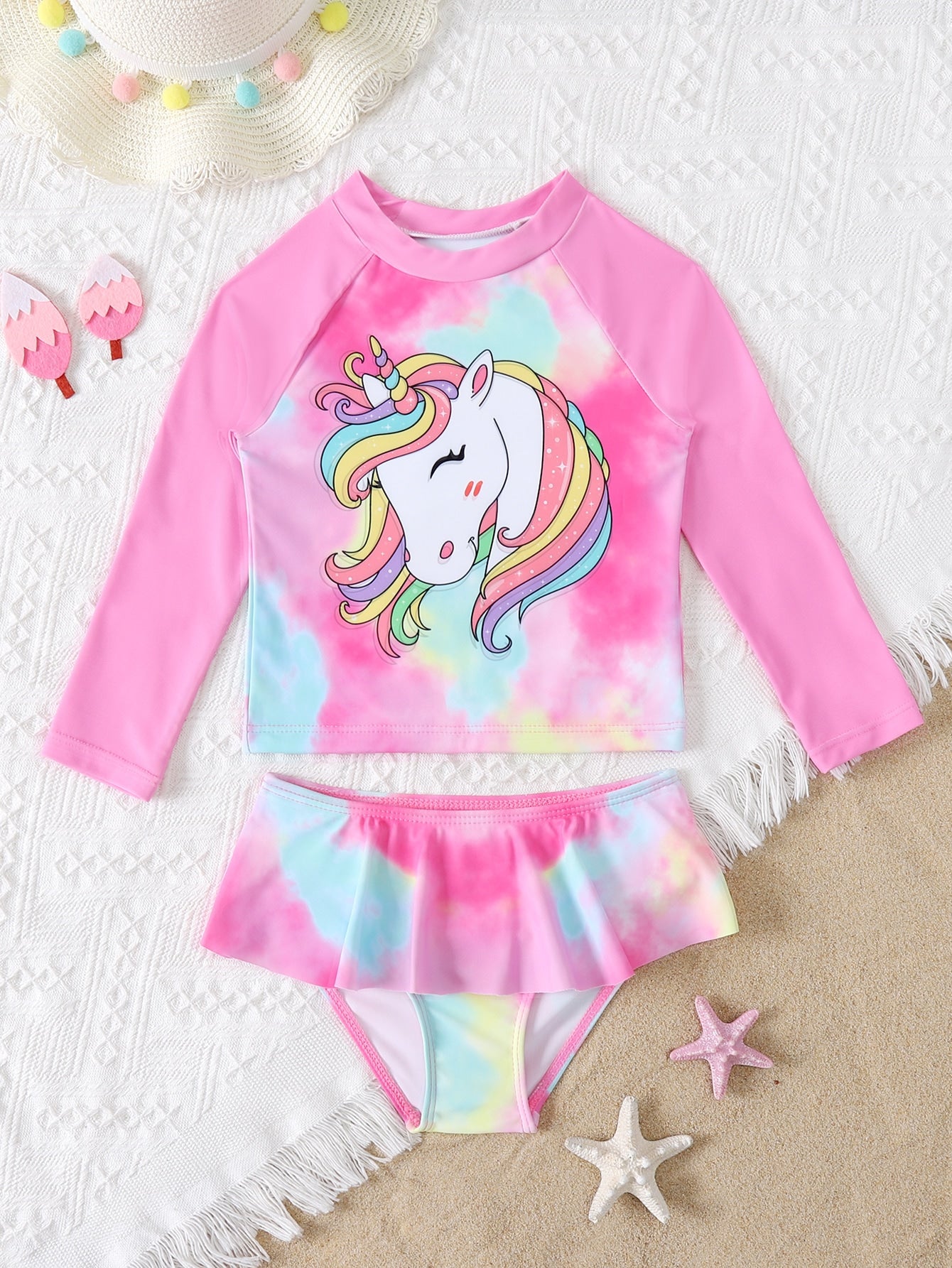 Young Girl Unicorn & Tie Dye Pattern Rashguard Summer Beach