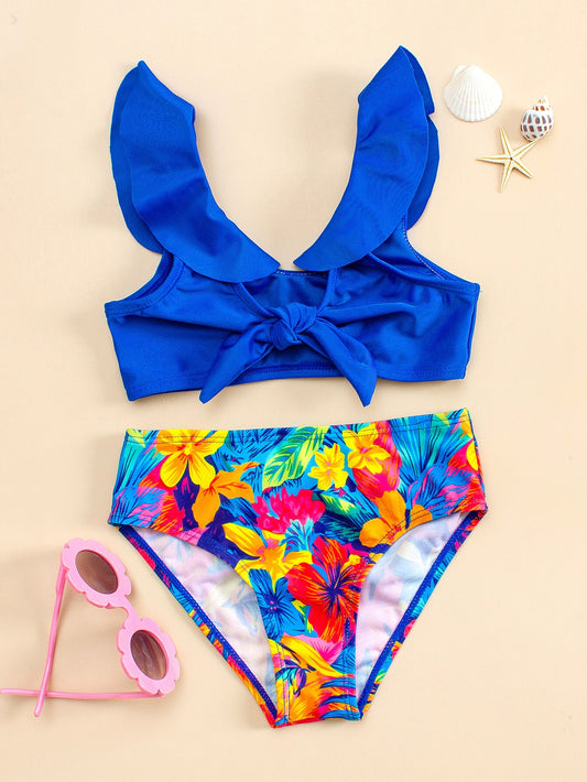 Young Girl Floral Print Ruffle Trim Knot Bikini Set Summer Beach