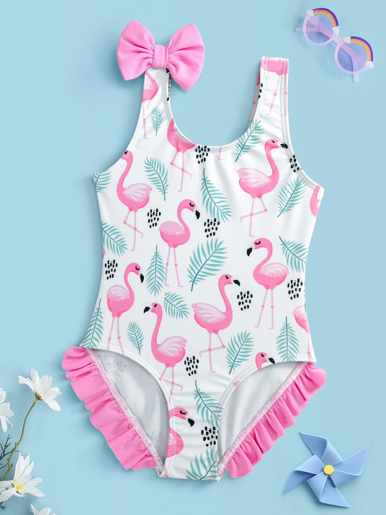 Young Girl Flamingo Print Ruffle Trim One Piece Swimsuit