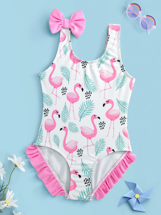 Young Girl Flamingo Print Ruffle Trim One Piece Swimsuit