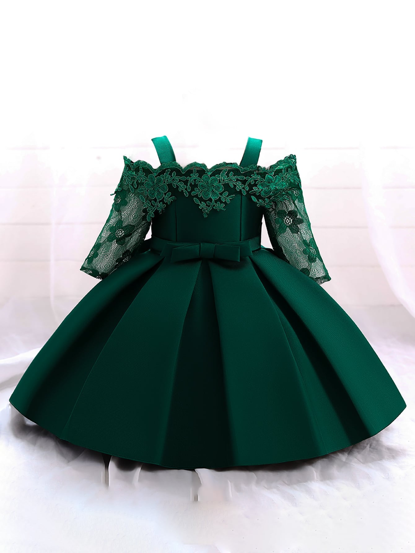 Young Girl Lace & Satin Solid Color Dress With Waist Bow Decoration, Beautiful & Elegant For Formal Occasions