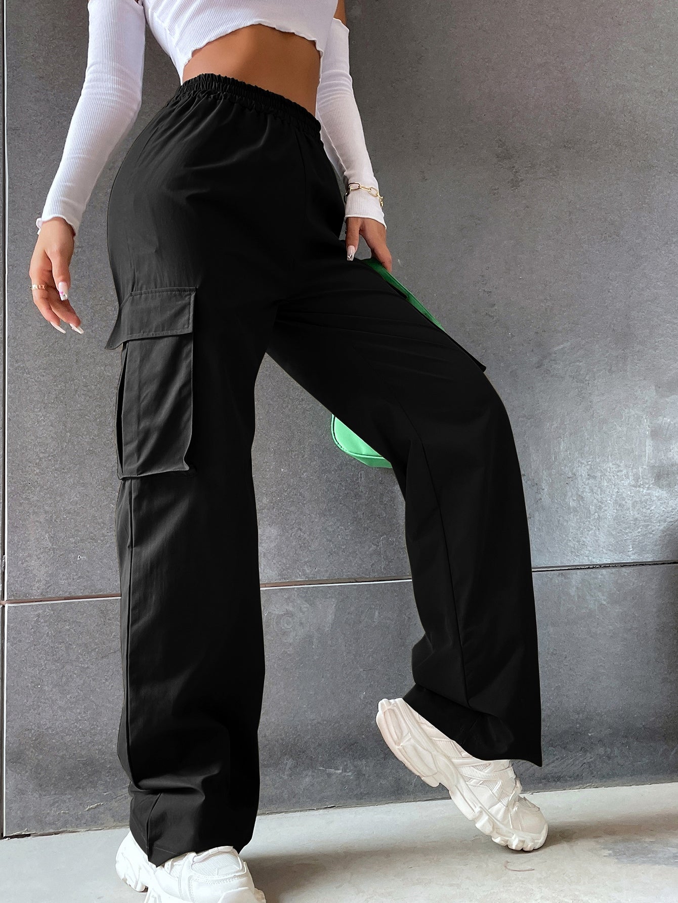 Solid High Waist Flap Pocket Cargo Pants