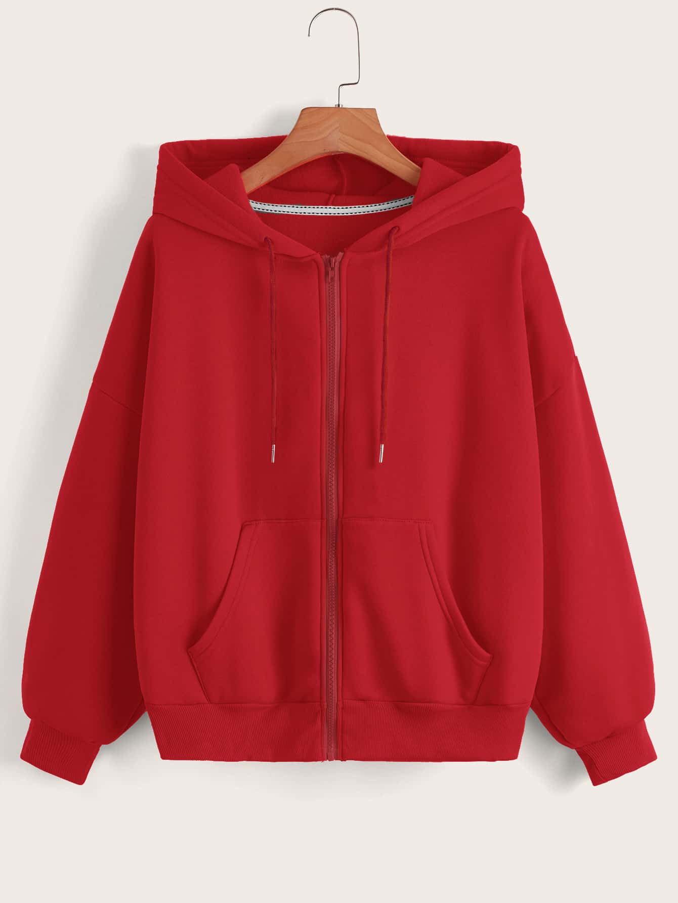 Zip Up Drop Shoulder Drawstring Thermal Lined Hoodie