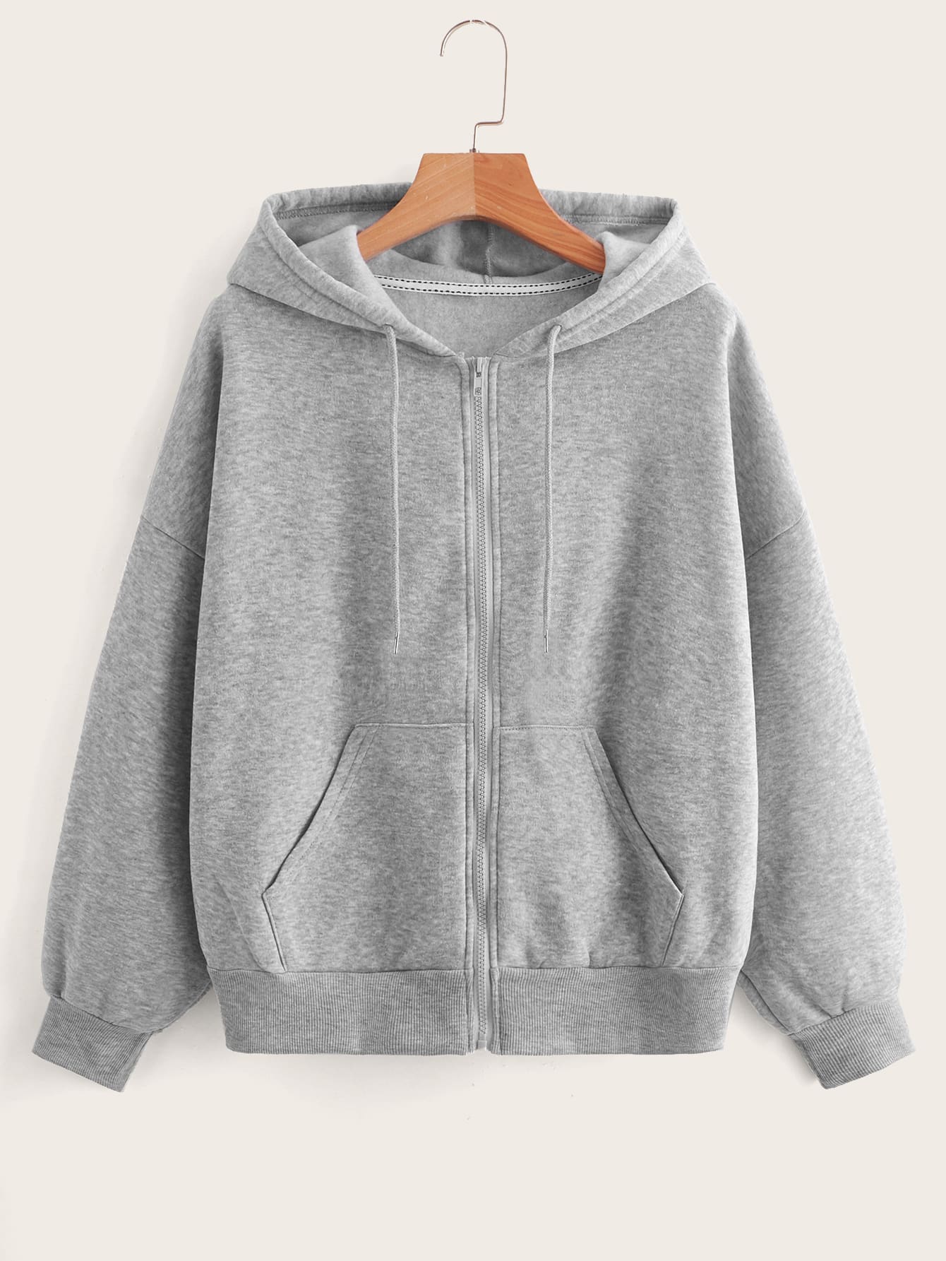 Zip Up Drop Shoulder Drawstring Thermal Lined Hoodie