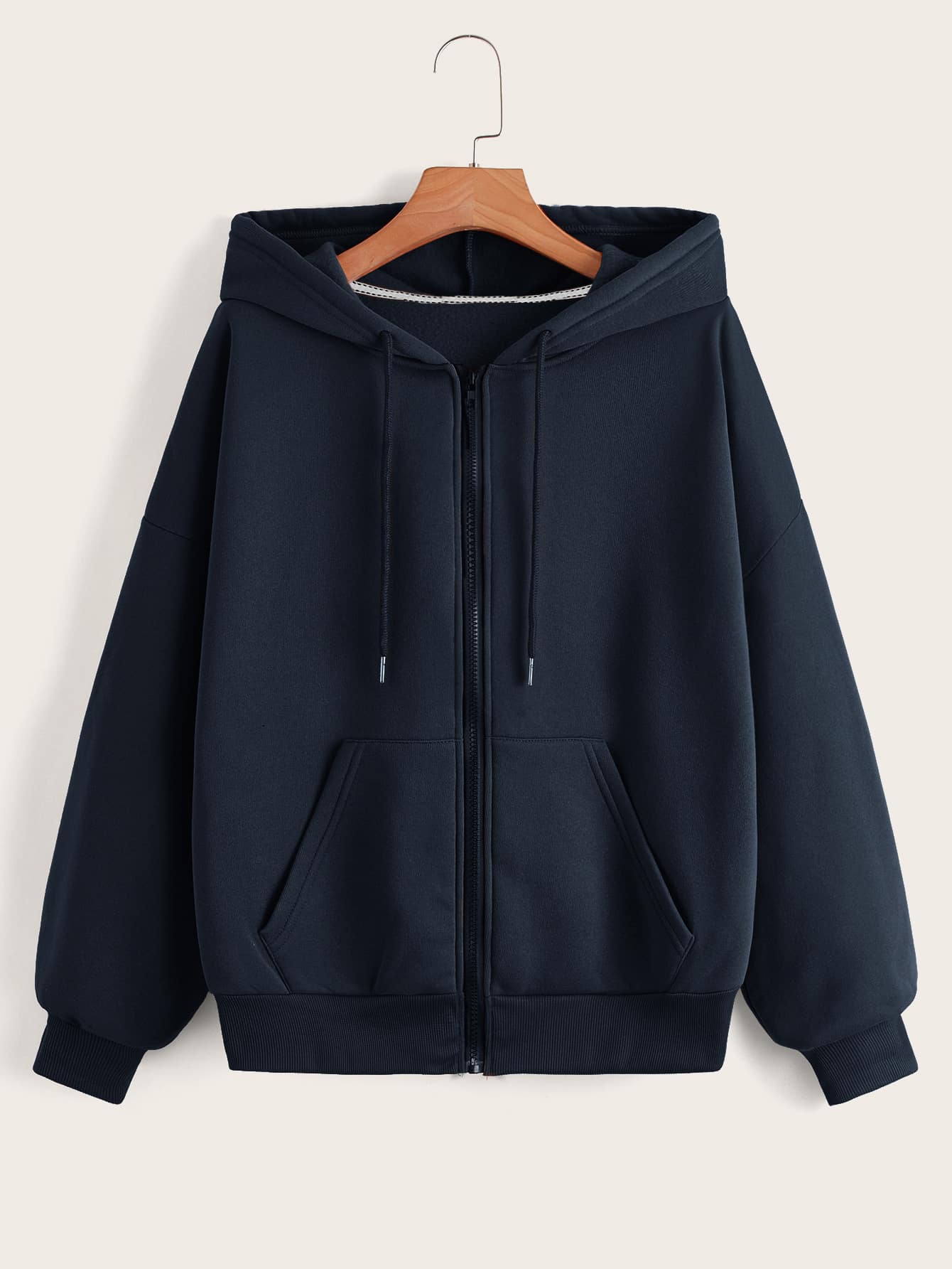 Zip Up Drop Shoulder Drawstring Thermal Lined Hoodie