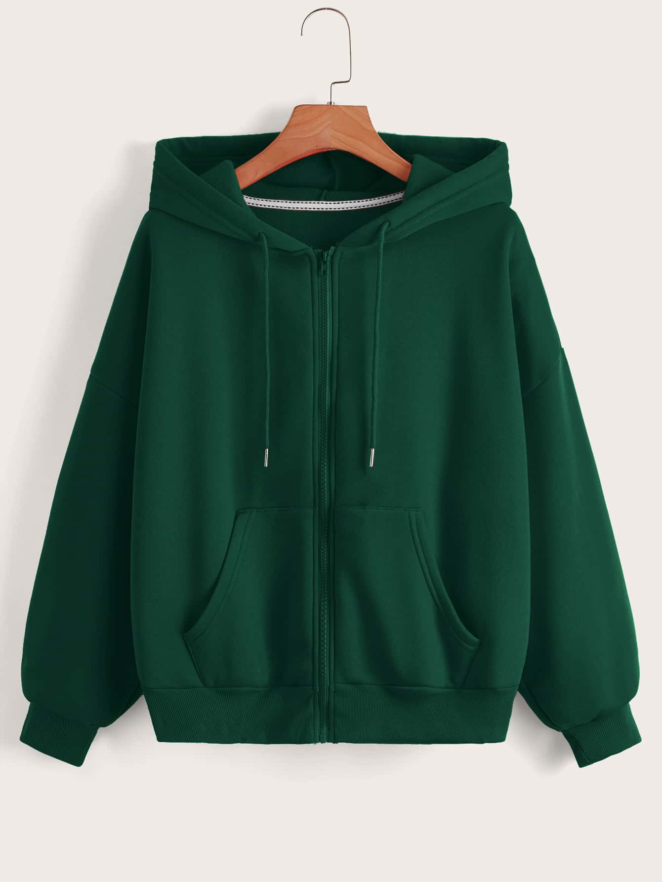 Zip Up Drop Shoulder Drawstring Thermal Lined Hoodie