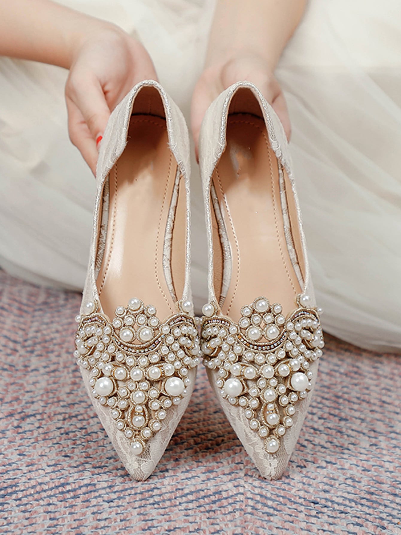 Women Faux Pearls Decor Flats, Elegant Point Toe Flats Ballet Flats