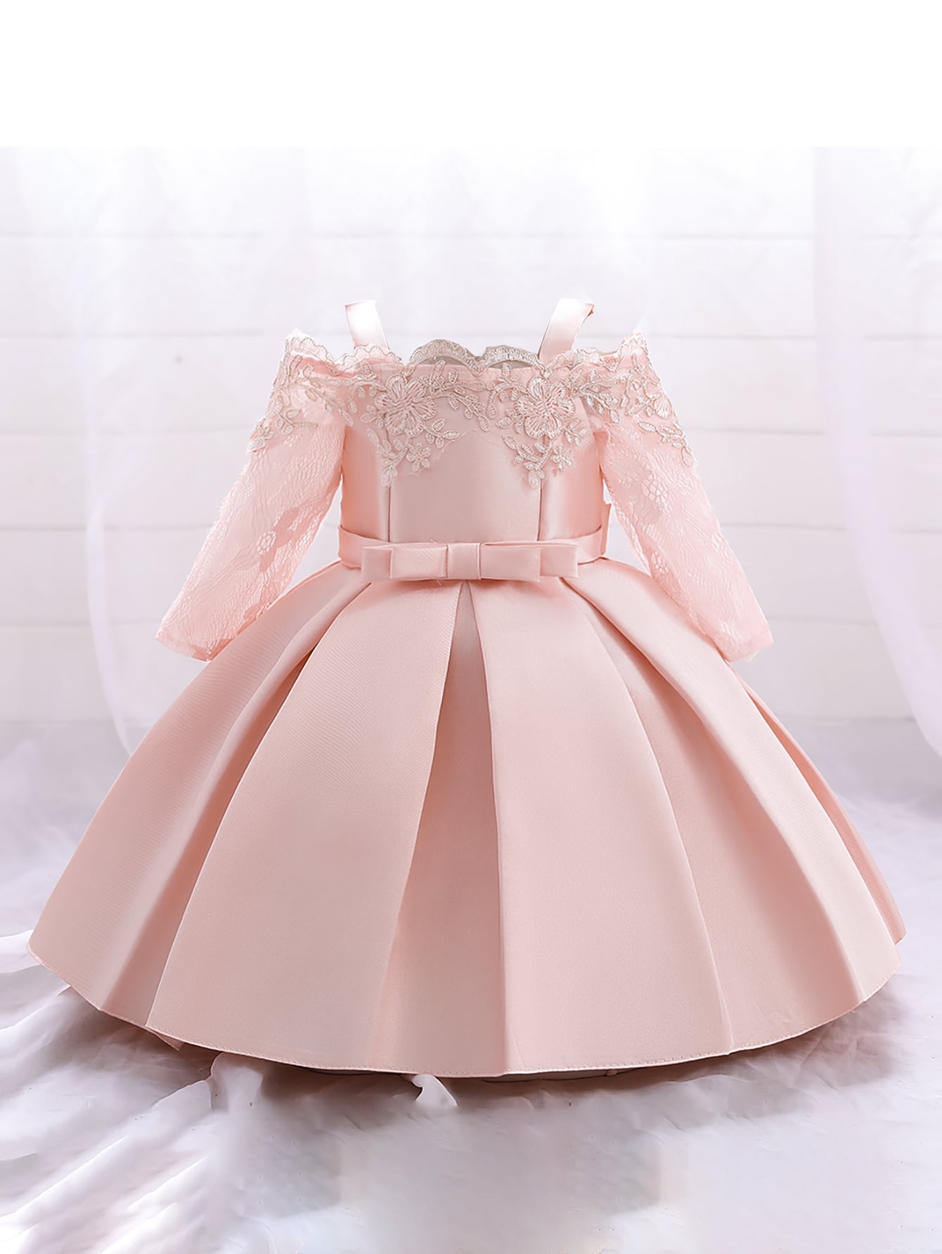Young Girl Lace & Satin Solid Color Dress With Waist Bow Decoration, Beautiful & Elegant For Formal Occasions