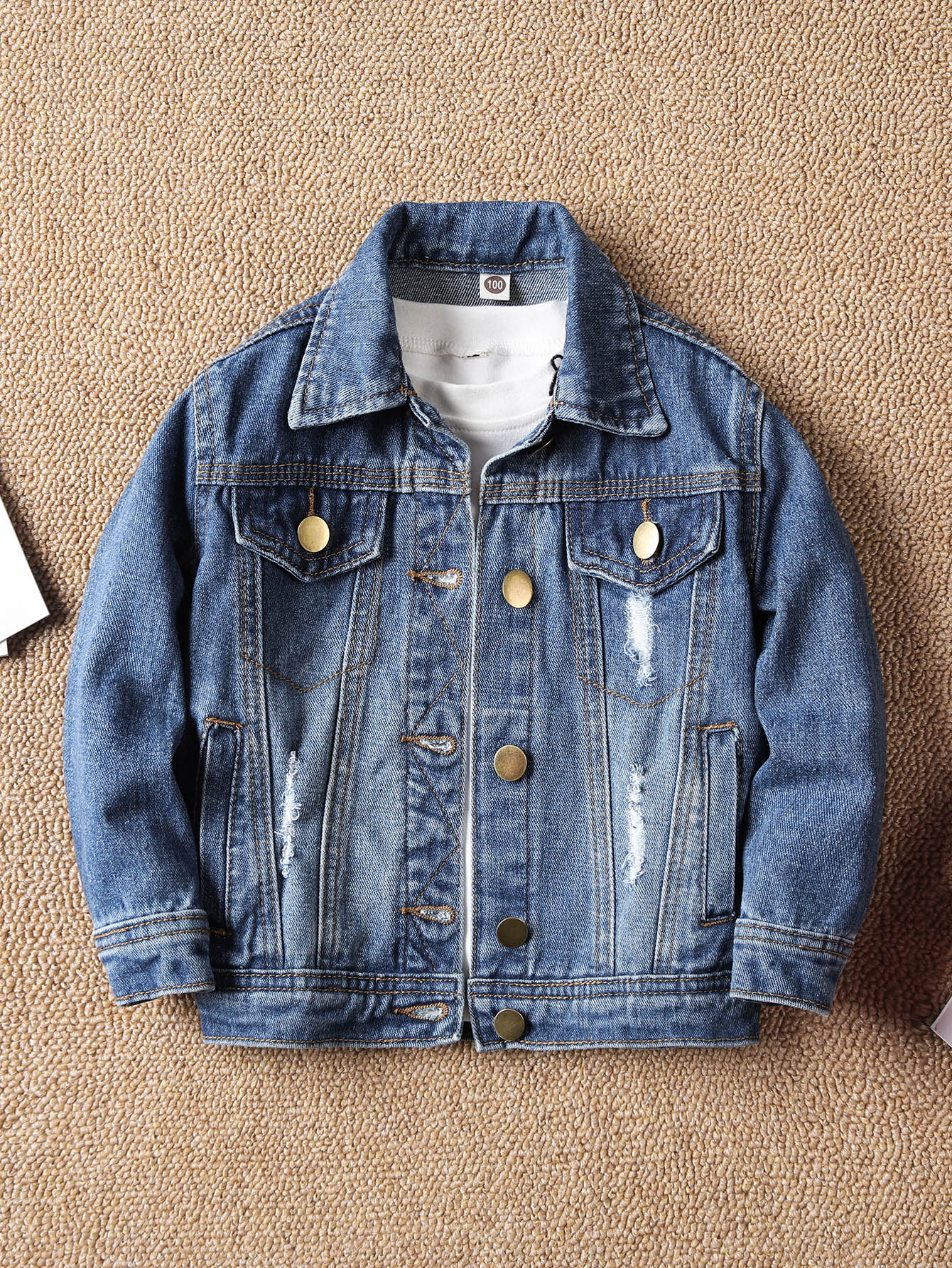 Young Boy Ripped Button Up Denim Jacket