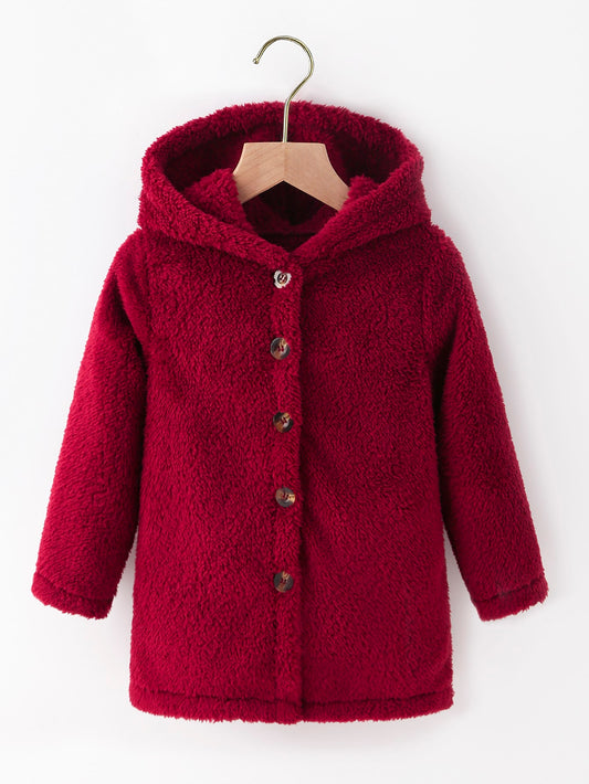 Young Girl Hooded Long Sleeve Fleece Reversible Coat, Solid Color 's Simple Warm Sporty Fashion Outerwear For Autumn Winter