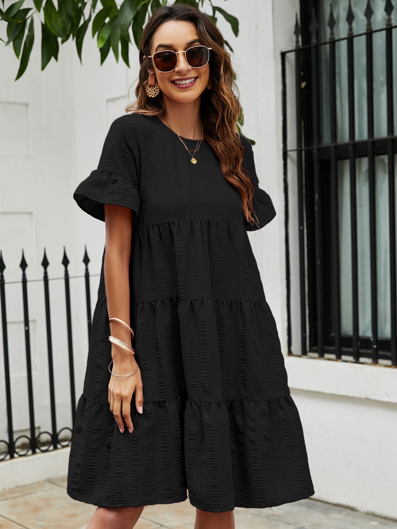 Flare Sleeve Ruffle Hem Smock Dress