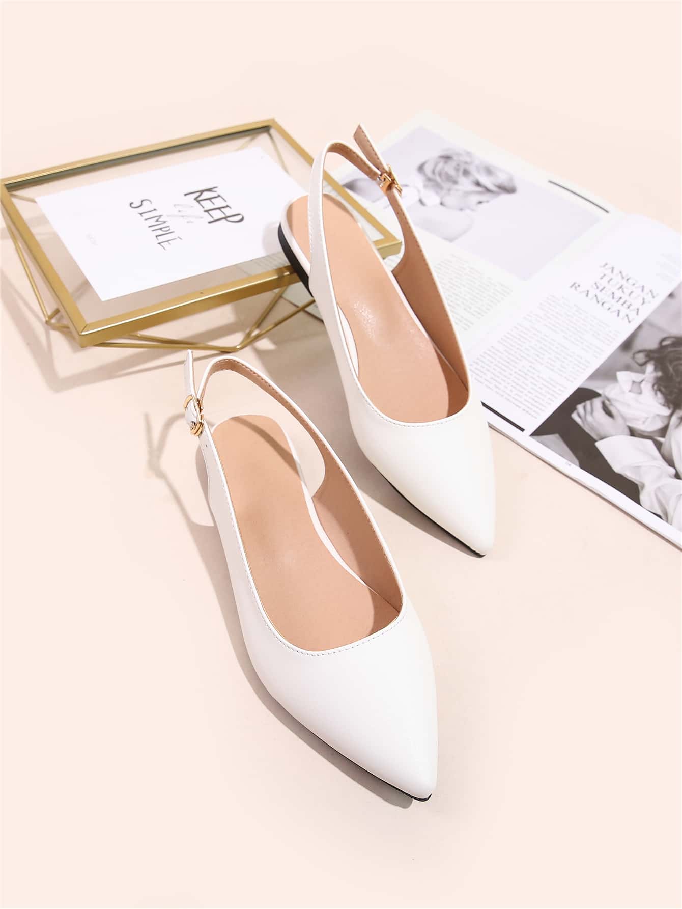 Women White Minimalist Flats, Point Toe Slingback Flats