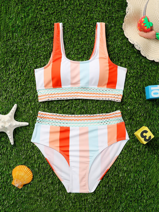 Tween Girl Colorblock Tape Detail Bikini Set Summer Beach