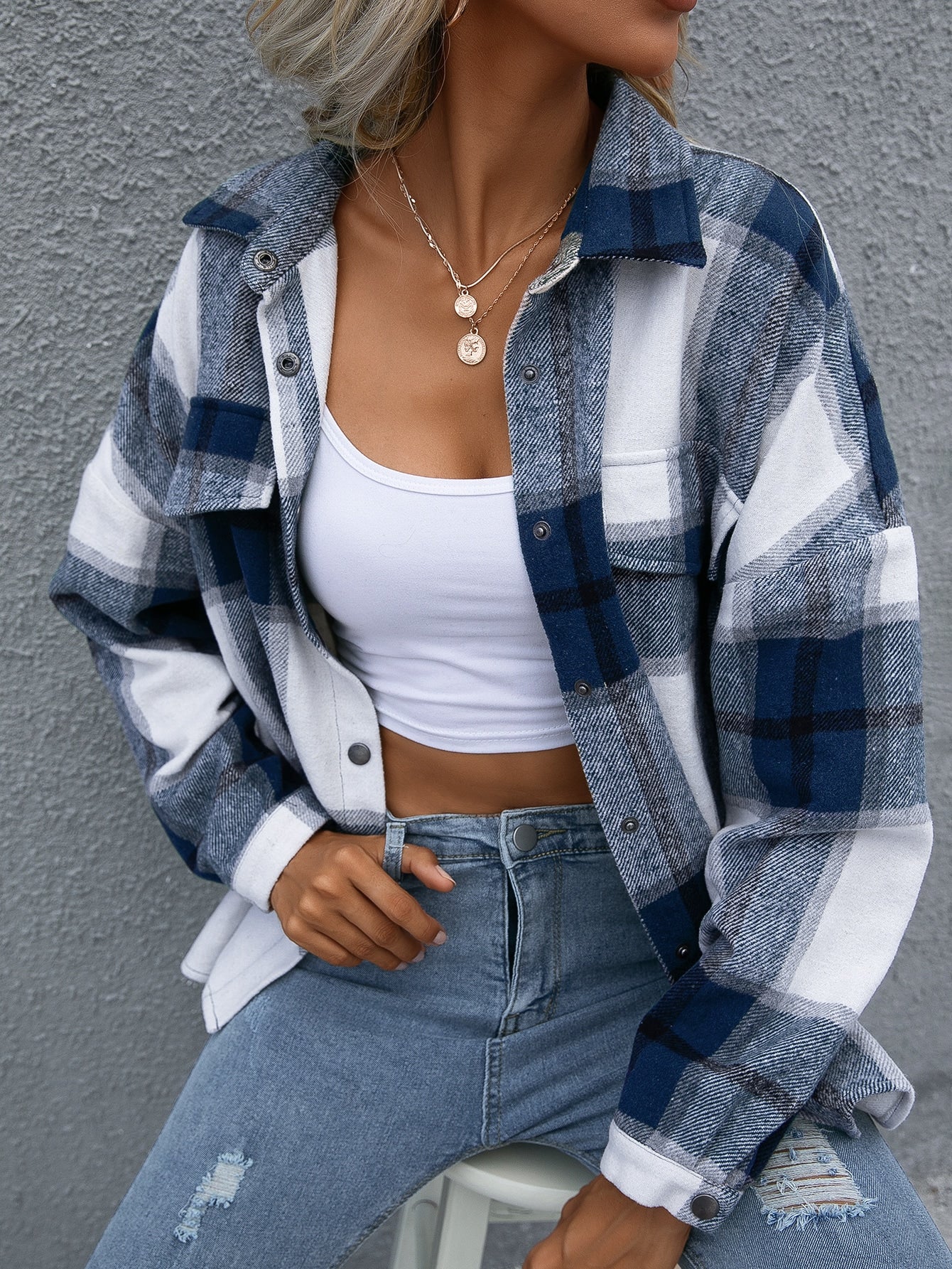 Plaid Flap Pocket Drop Shoulder Jacket