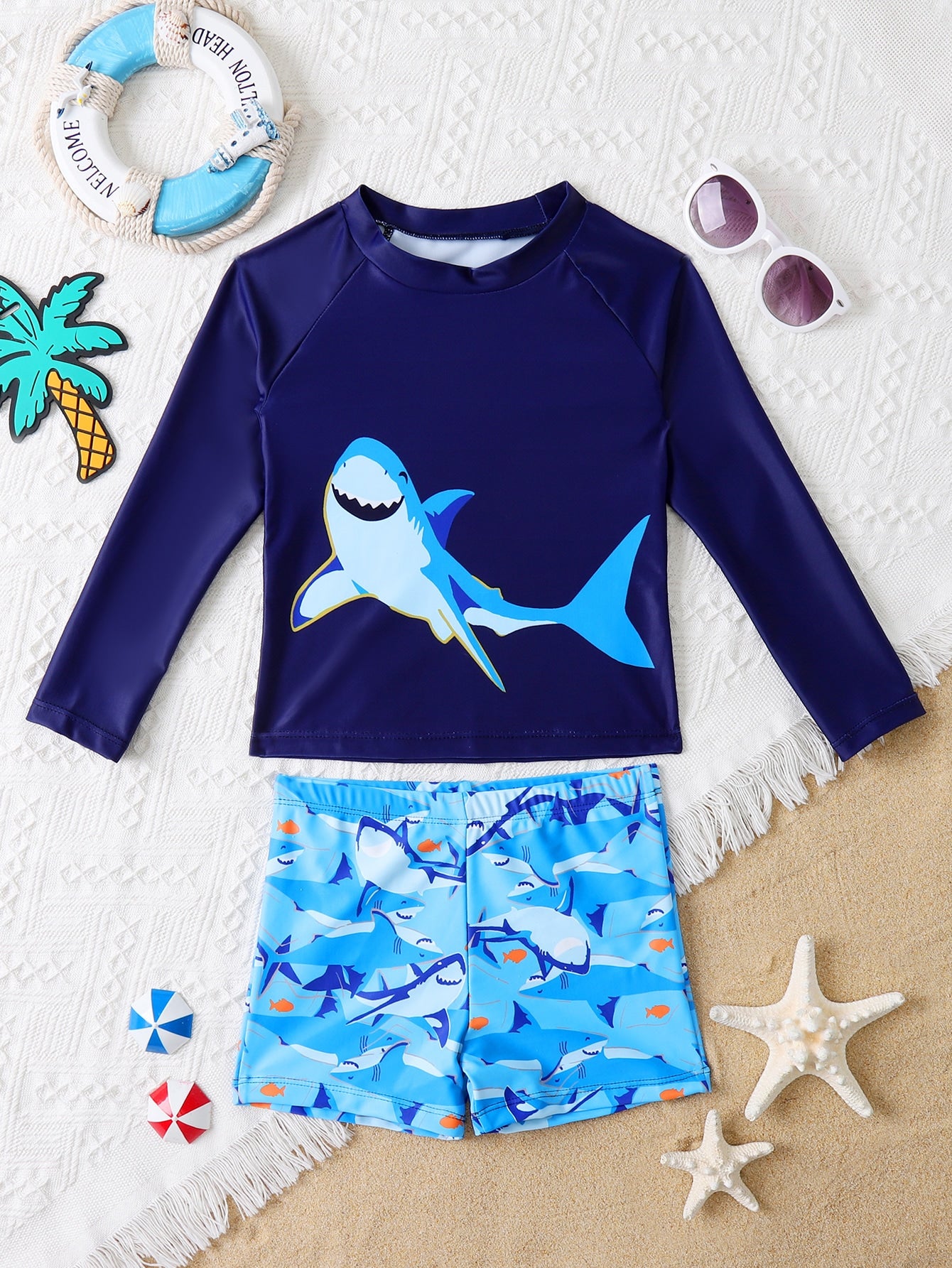 Young Boy Shark Print Long Sleeve Separate Swimwear