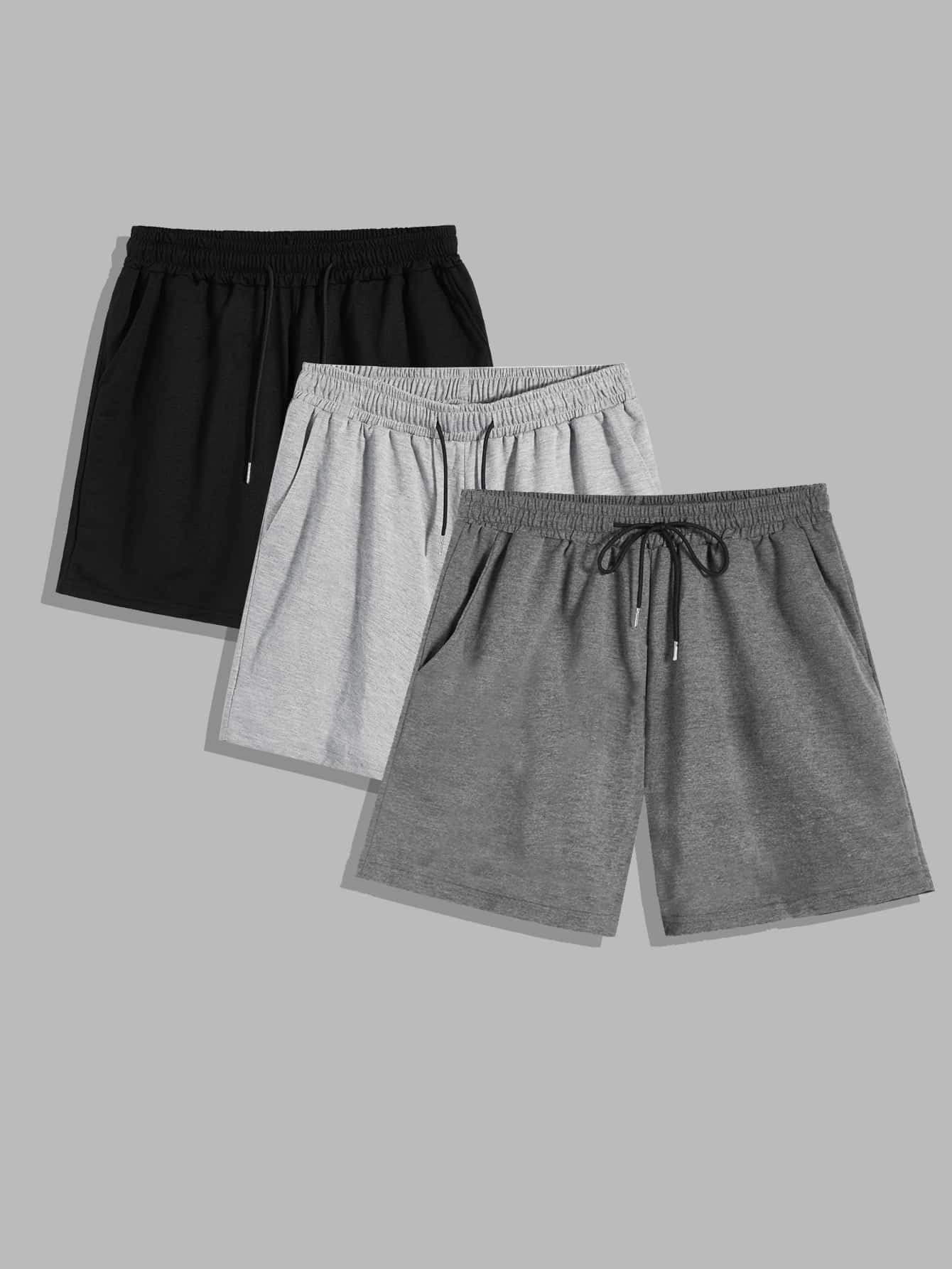 Men Plus 3pcs Slant Pockets Drawstring Waist Athletic Shorts