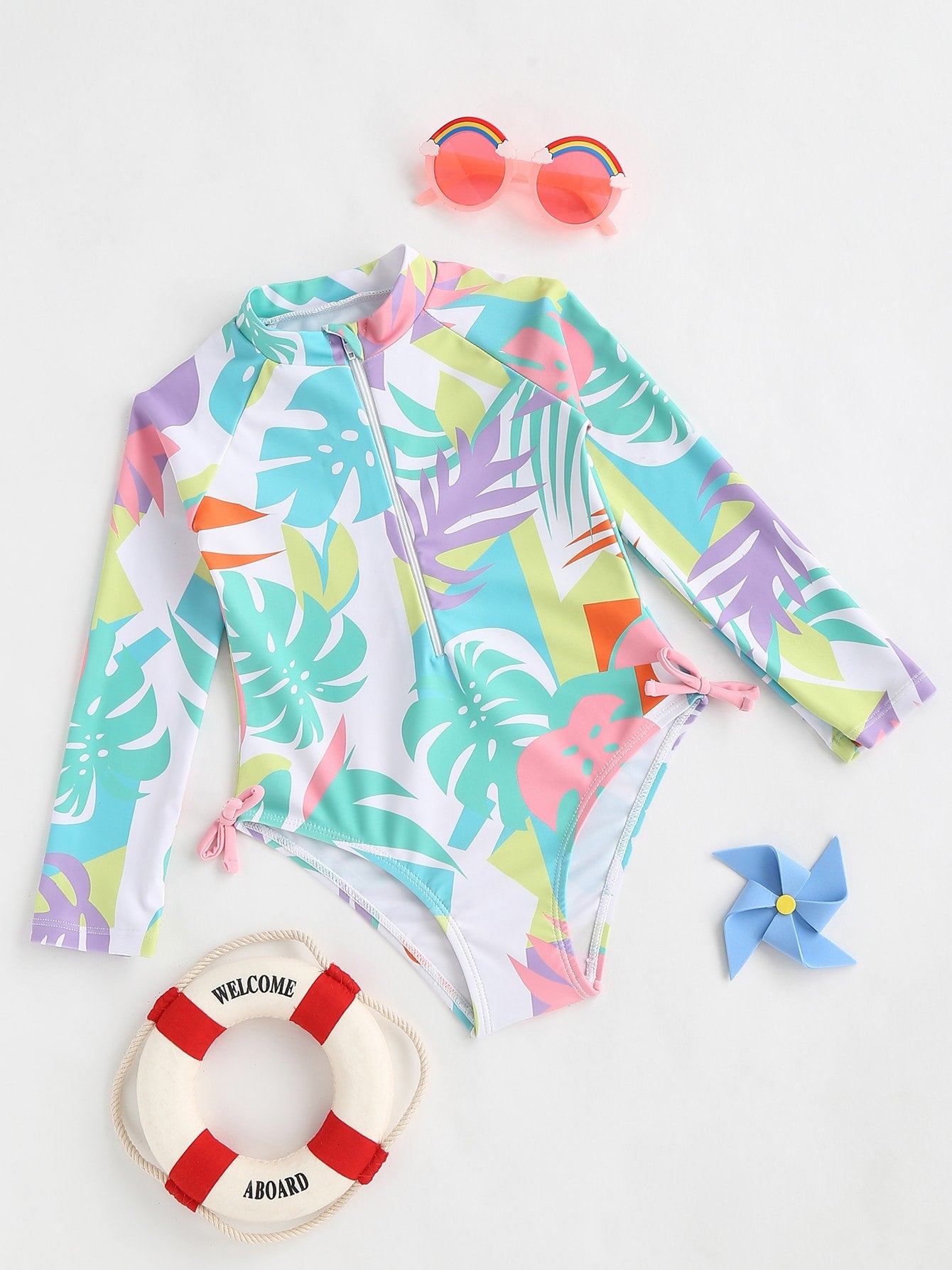 Young Girl Tropical Print Zip One Piece Swimsuit