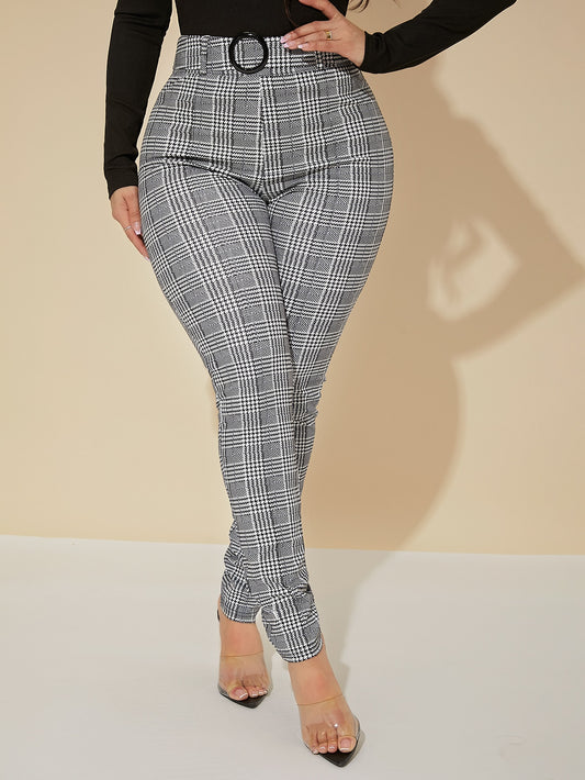 Plus Size Women's Houndstooth Pattern Slim Fit Versatile Suit Pants