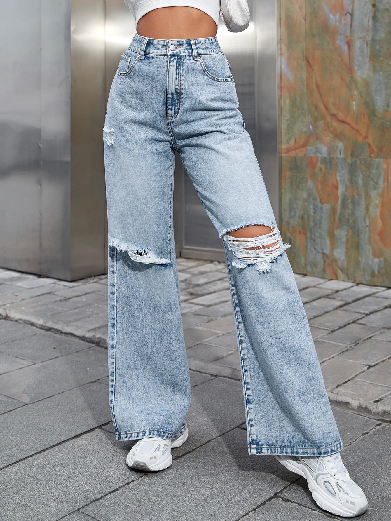 High Waist Ripped Wide Leg Jeans
