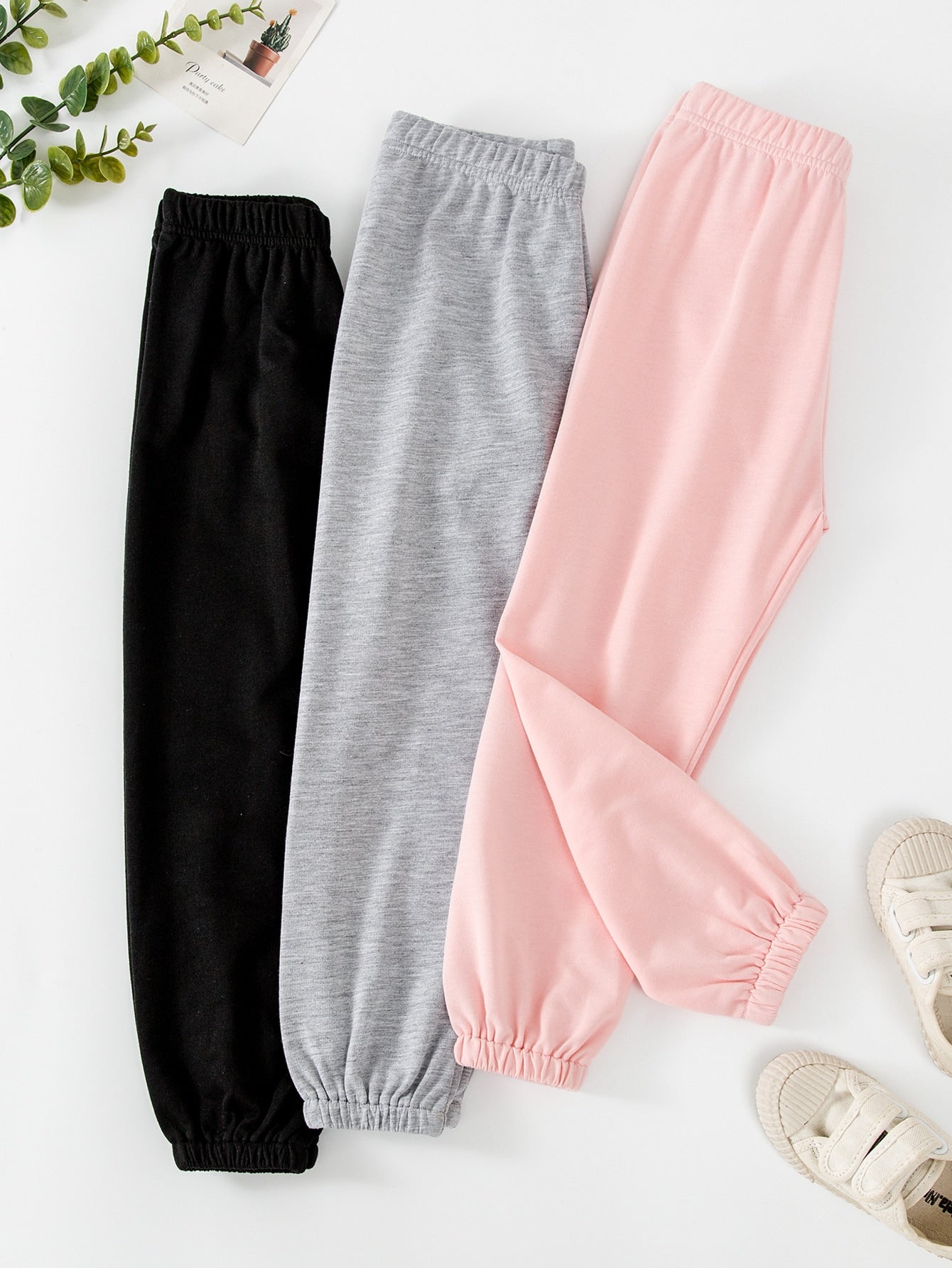 Young Girl 3pcs Solid Elastic Waist Sweatpants