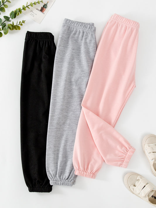 Young Girl 3pcs Solid Elastic Waist Sweatpants