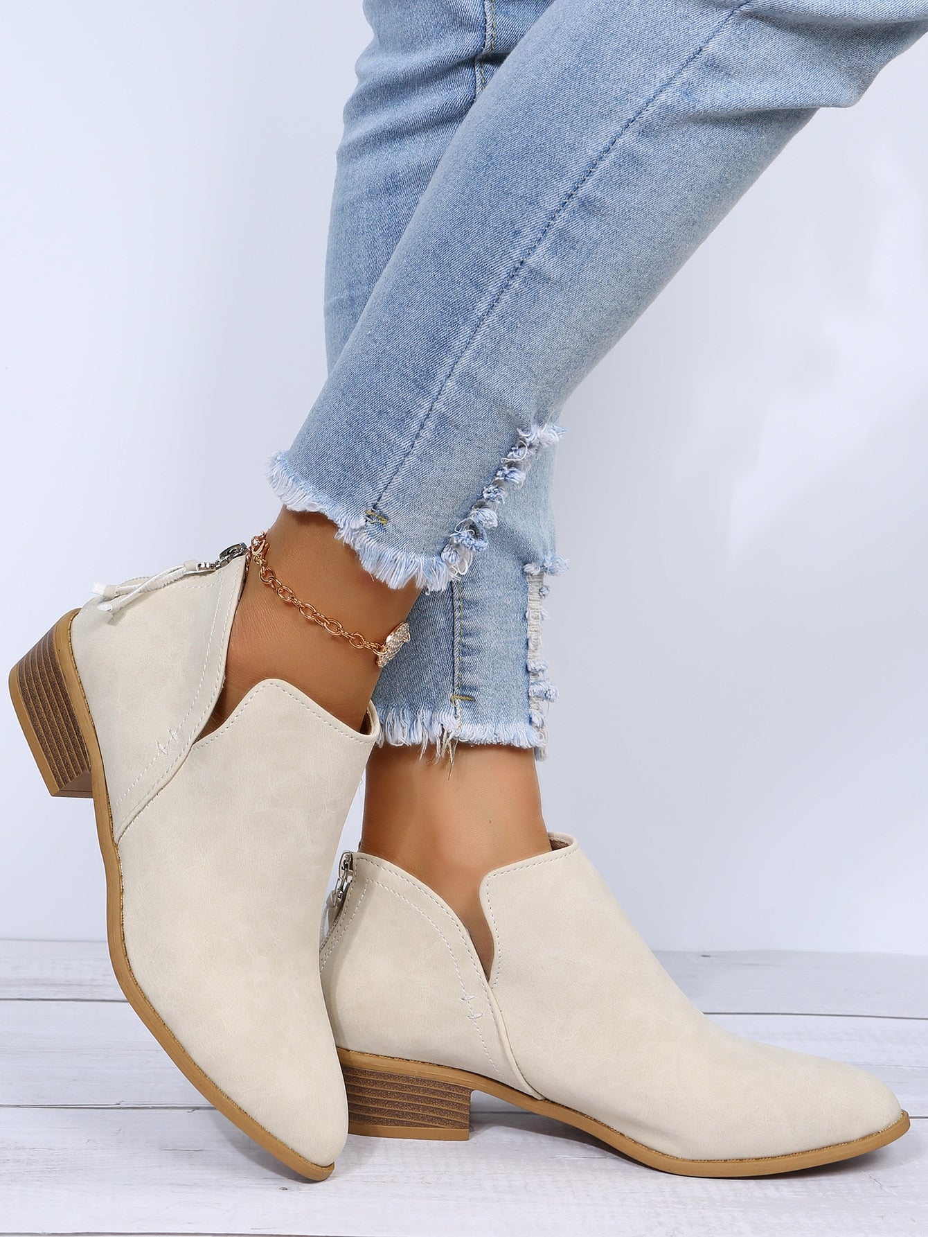 Minimalist Back Zipper Booties, Beige Fashionable Solid Color Women's Boots