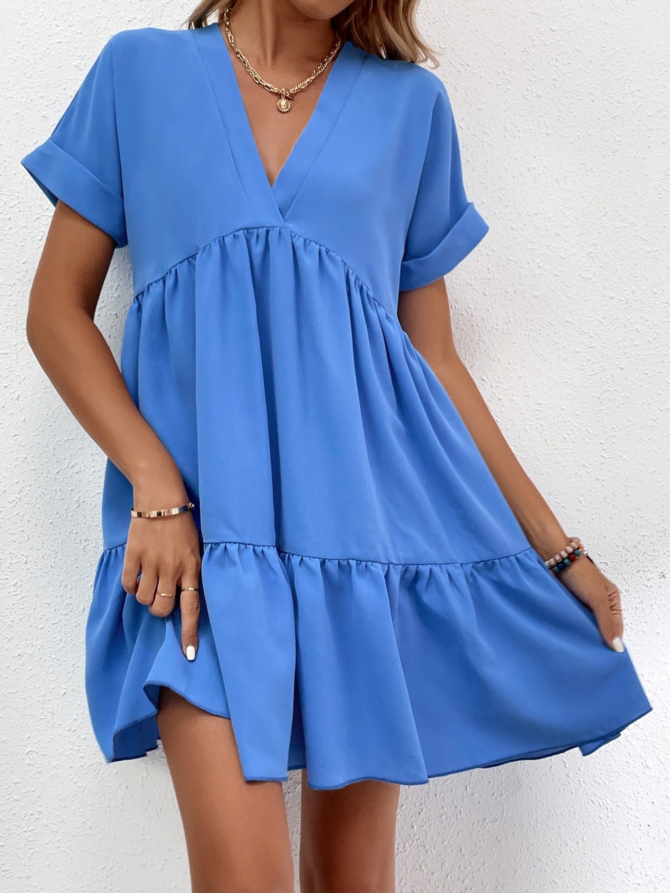 Roll Cuff Ruffle Hem Solid Dress