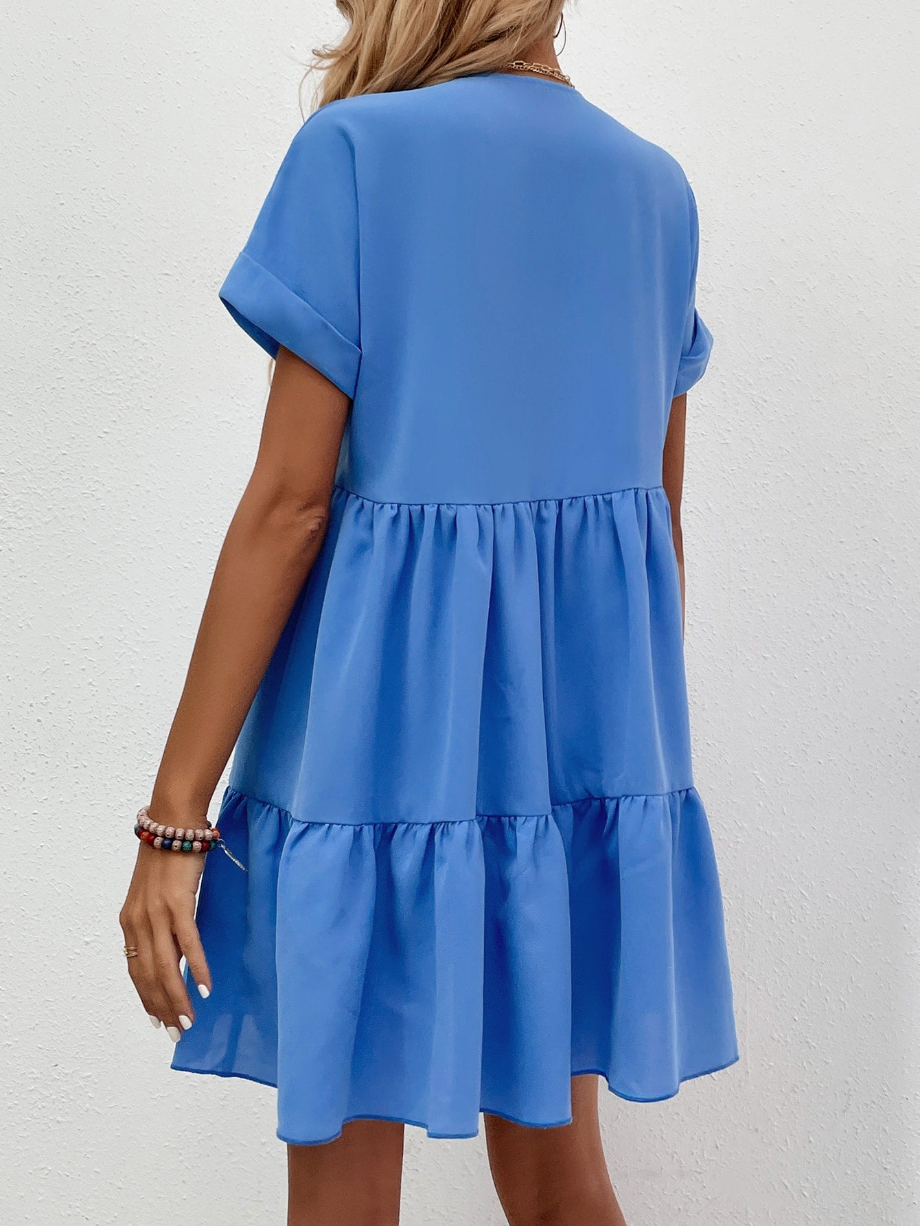 Roll Cuff Ruffle Hem Solid Dress