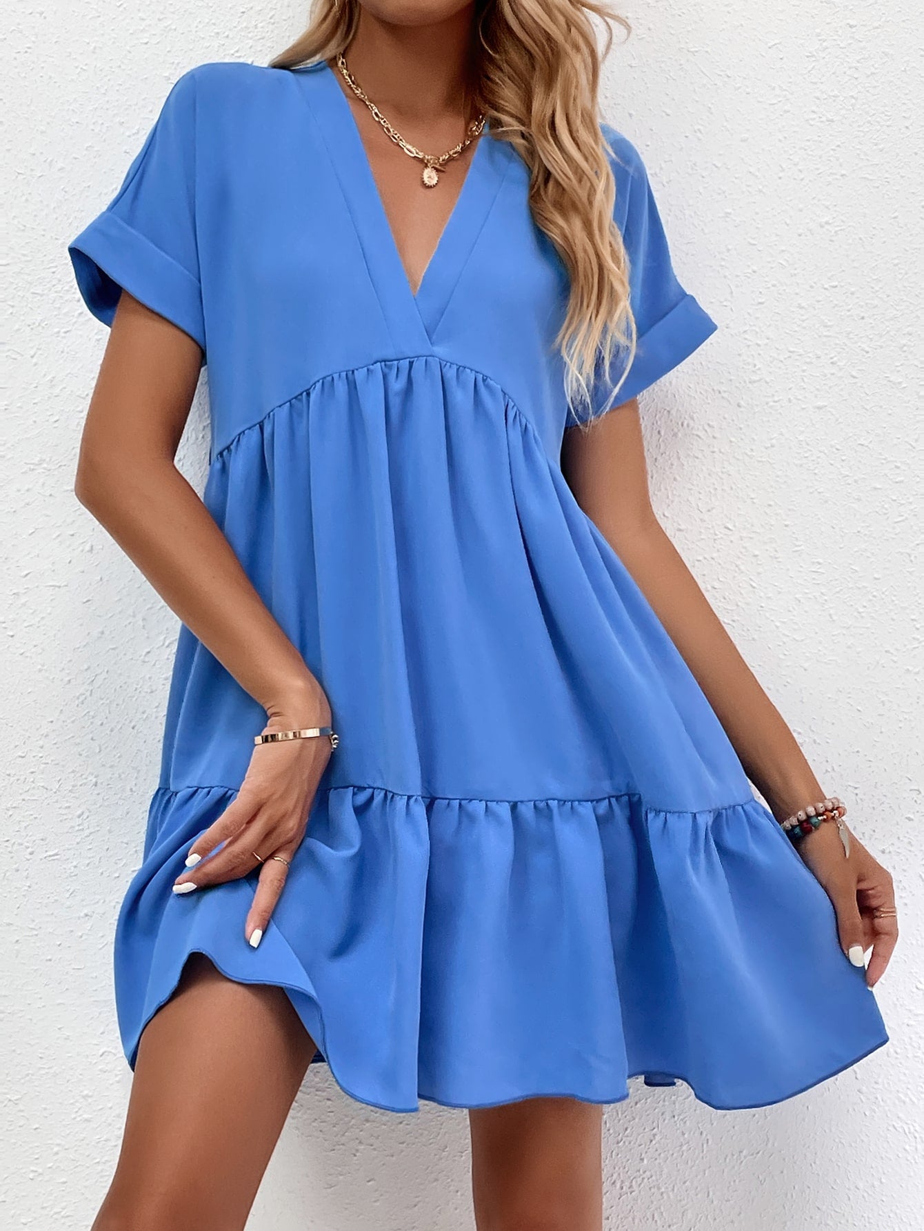 Roll Cuff Ruffle Hem Solid Dress