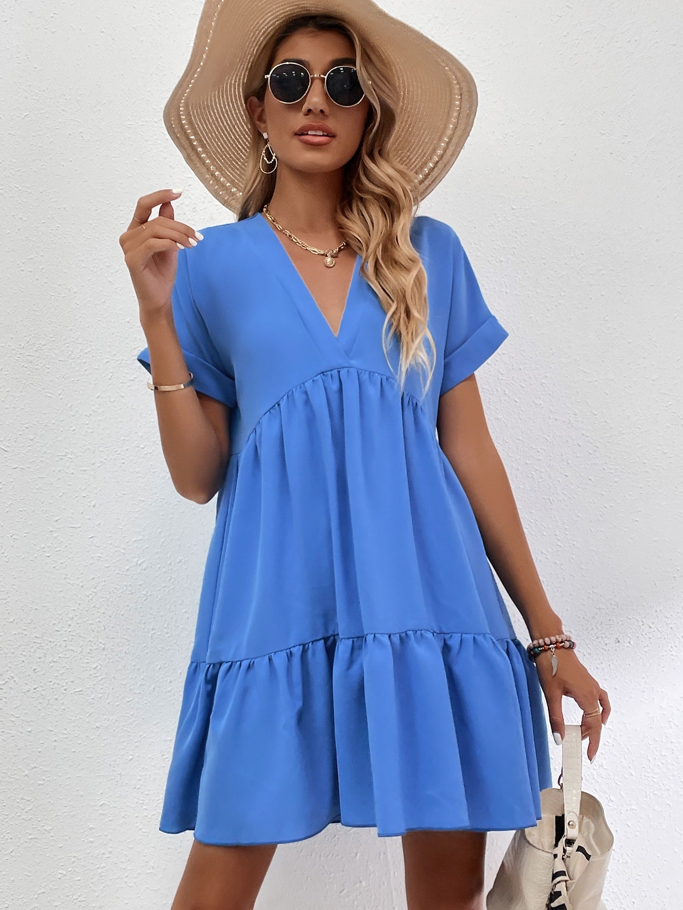 Roll Cuff Ruffle Hem Solid Dress