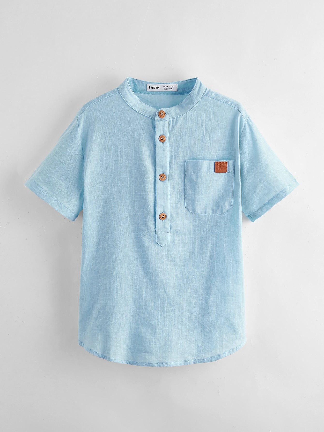 Tween Boys' Woven Short Sleeve Stand Collar Half-Open Shirt