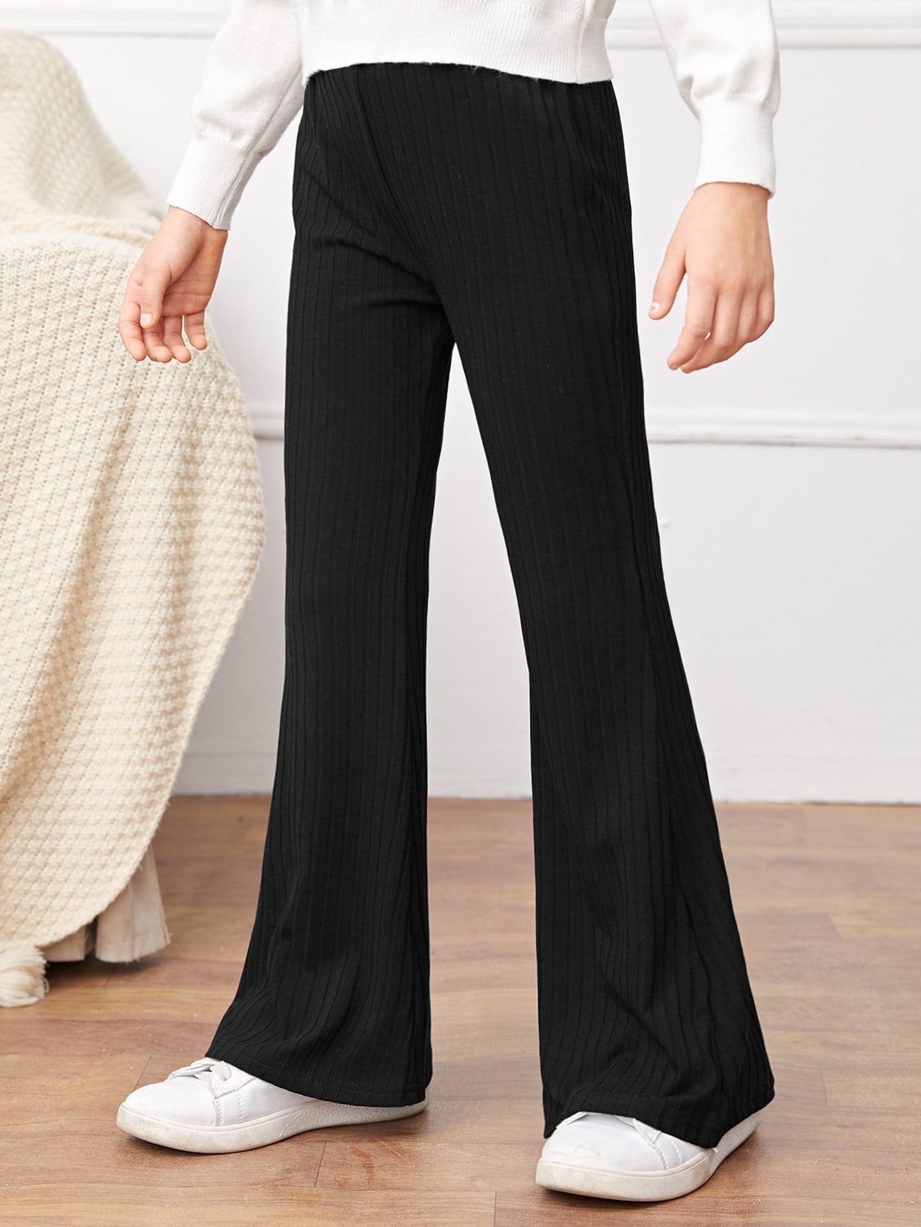 Tween Girl Black Simple Wide Leg Pants