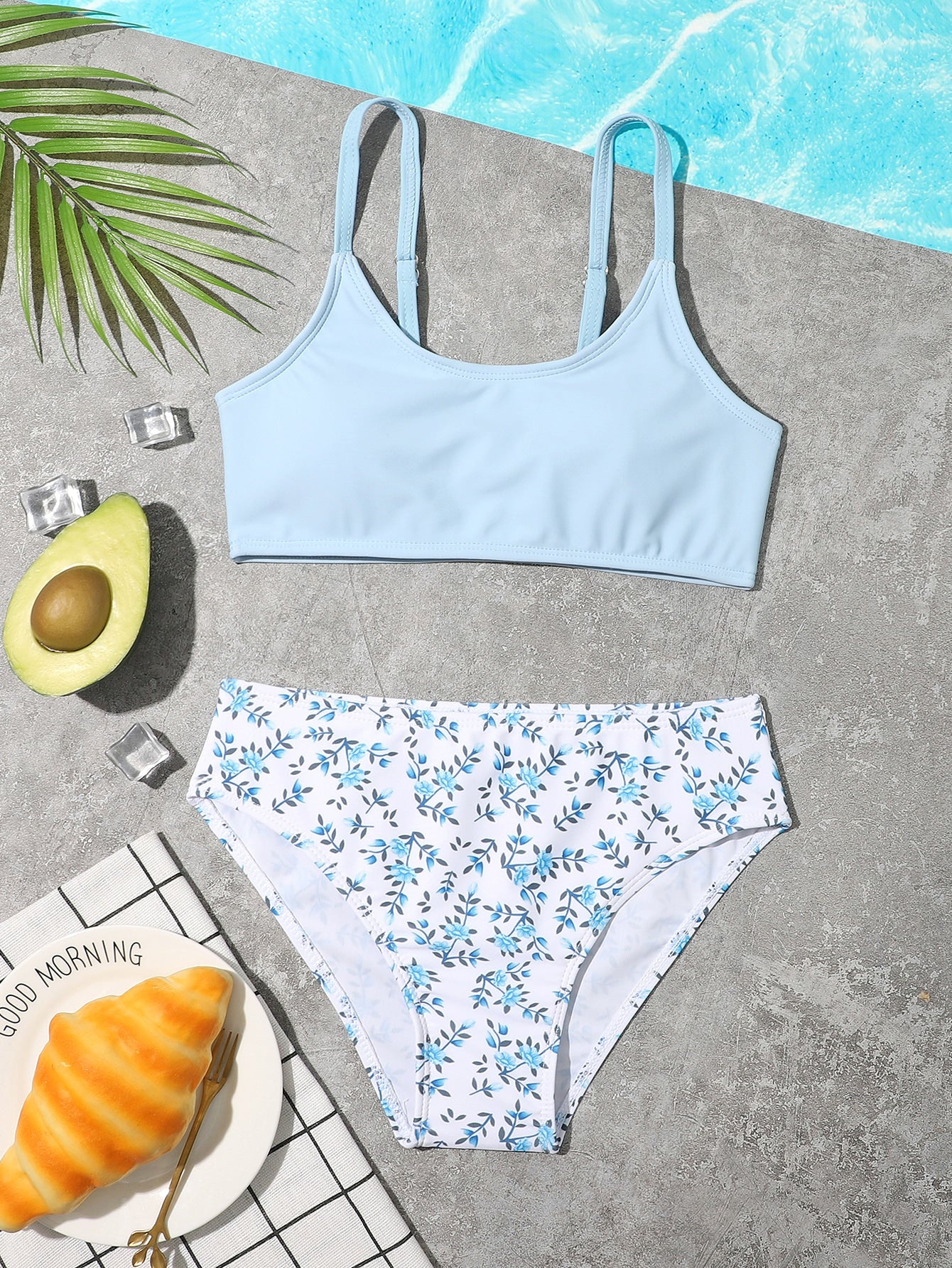 Tween Girl Plant Print Bikini Set Summer Beach