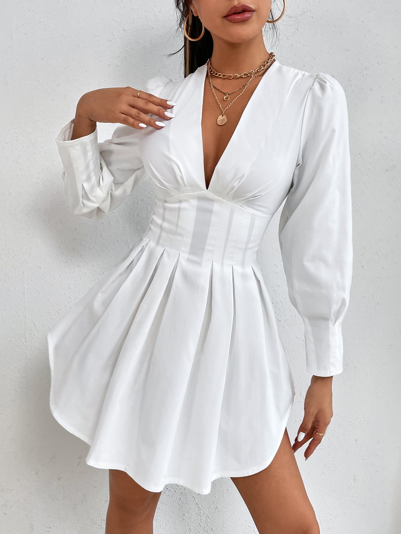 Plunging Neck Bishop Sleeve Fold Pleated Spring Women Dress