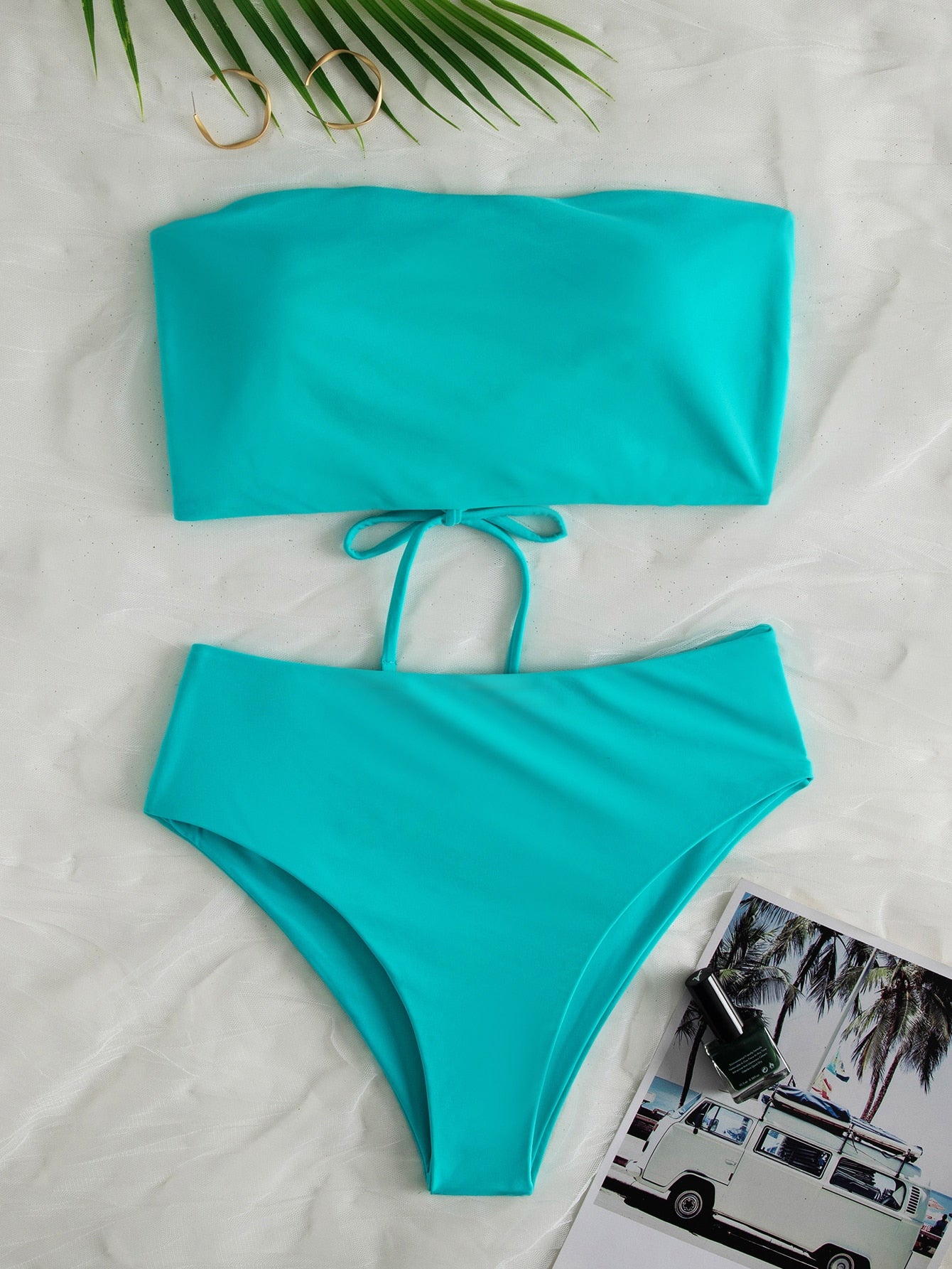 Swim Summer Beach Lace Up Back Bandeau Bikini Set